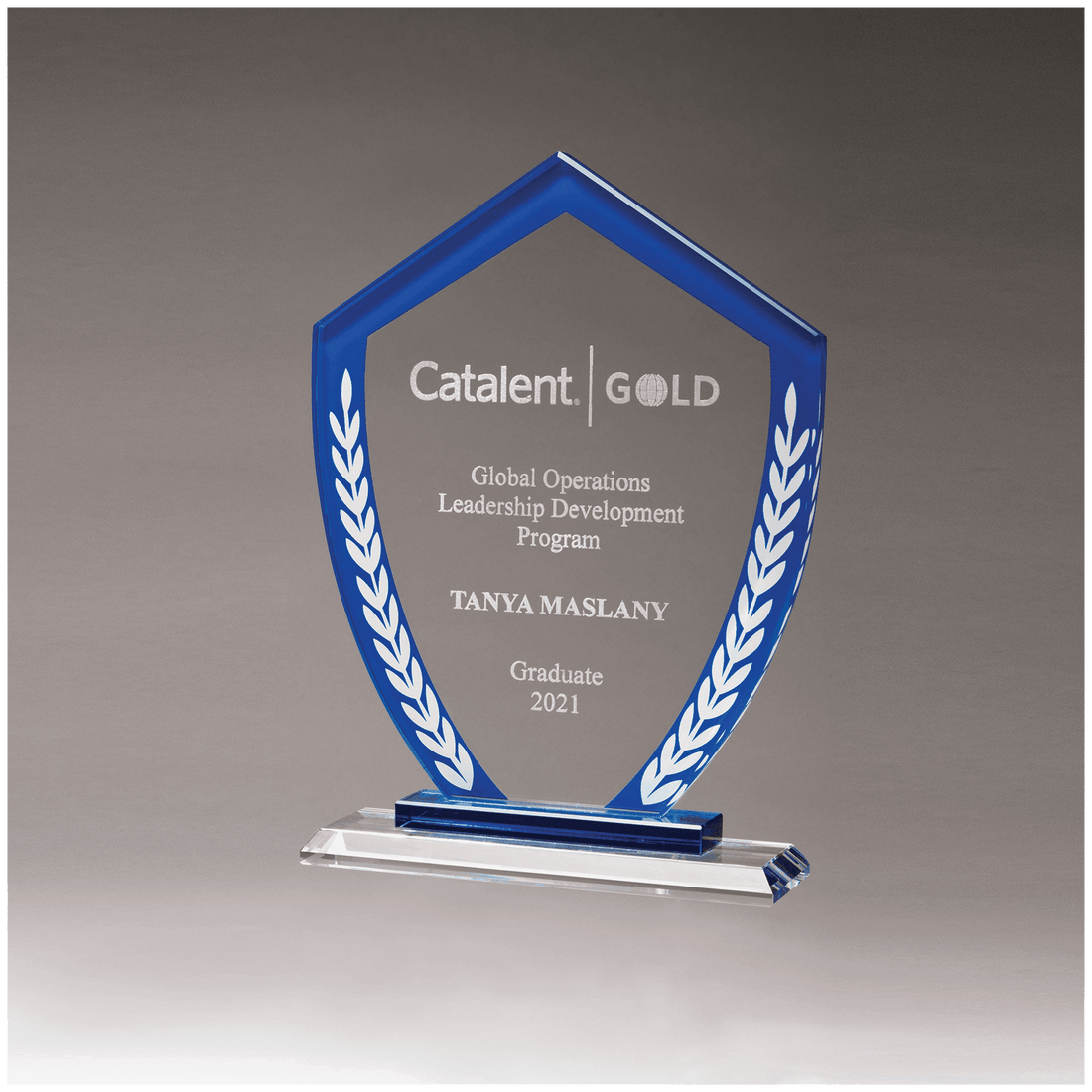 5 7/8" x 8 1/4" Shield Shaped Glass Award with Blue Border and White Laurel Leaves