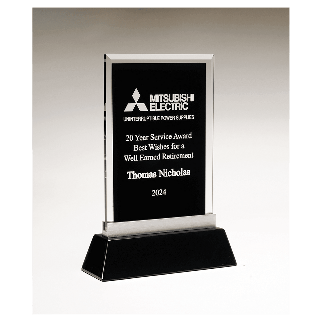 7 1/4" x 9 7/8" Rectangular Black Silkscreened Glass Award with Black Piano Finish Base