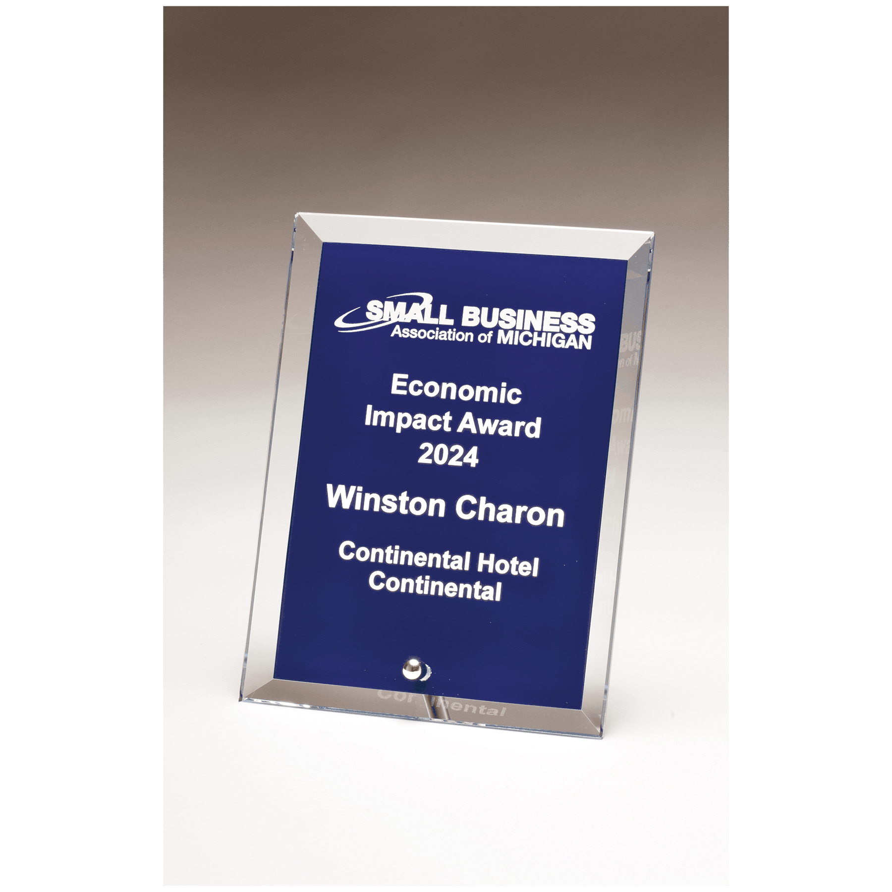 6" x 8" Clear Glass Plaque with Painted Blue Background,                   Silver Plated Easel Post