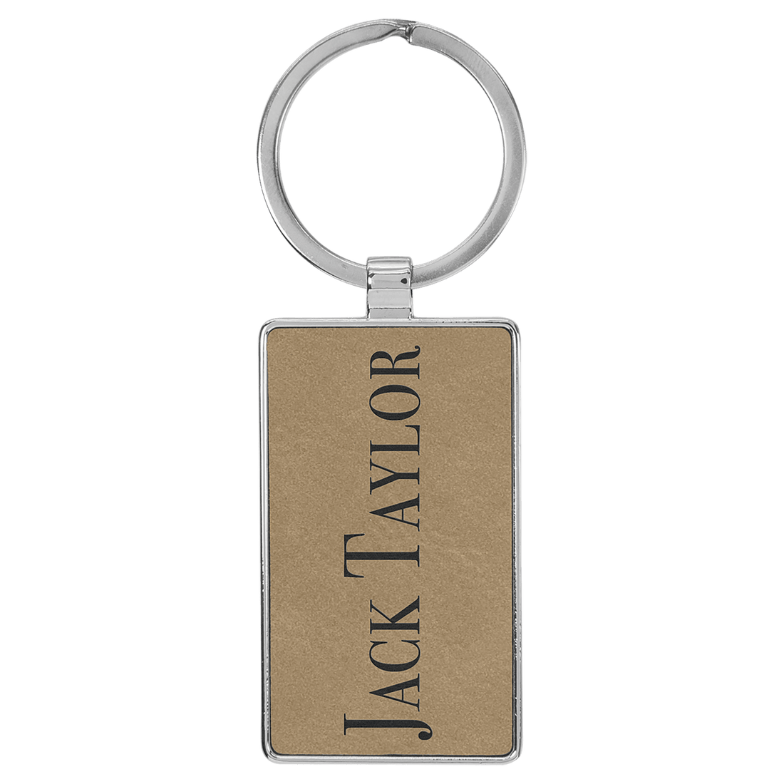 Light Brown 2 3/4" x 1 1/4" Laserable Leatherette/Metal Rectangle Keychain