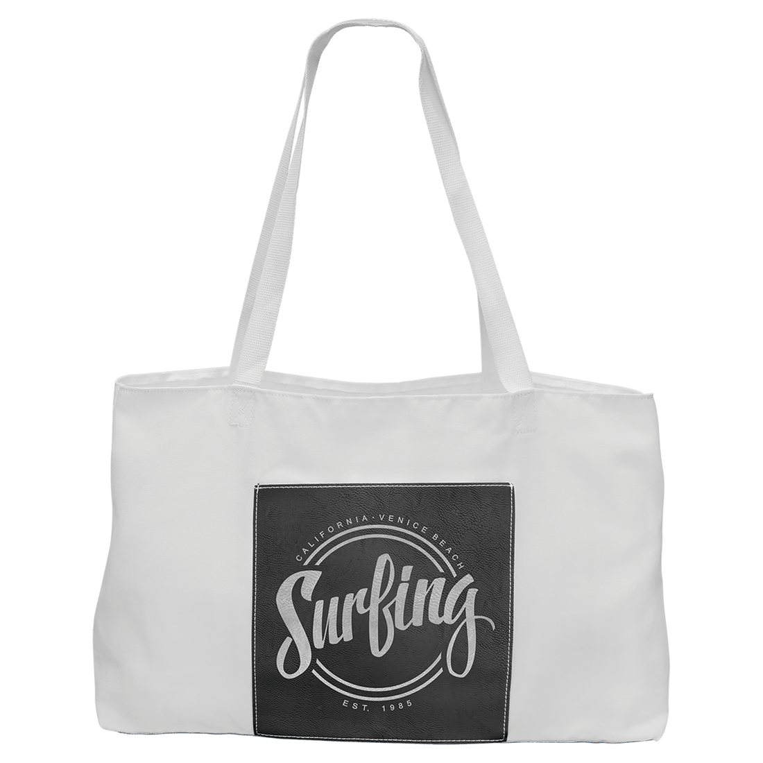 19" x 12" White Bag with 5" Black/Silver Laserable Leatherette Gusset