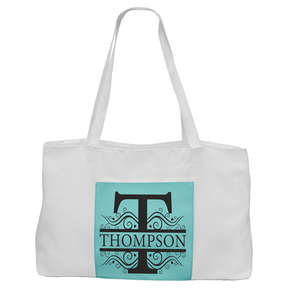 19" x 12" White Bag with 5" Teal Laserable Leatherette Gusset