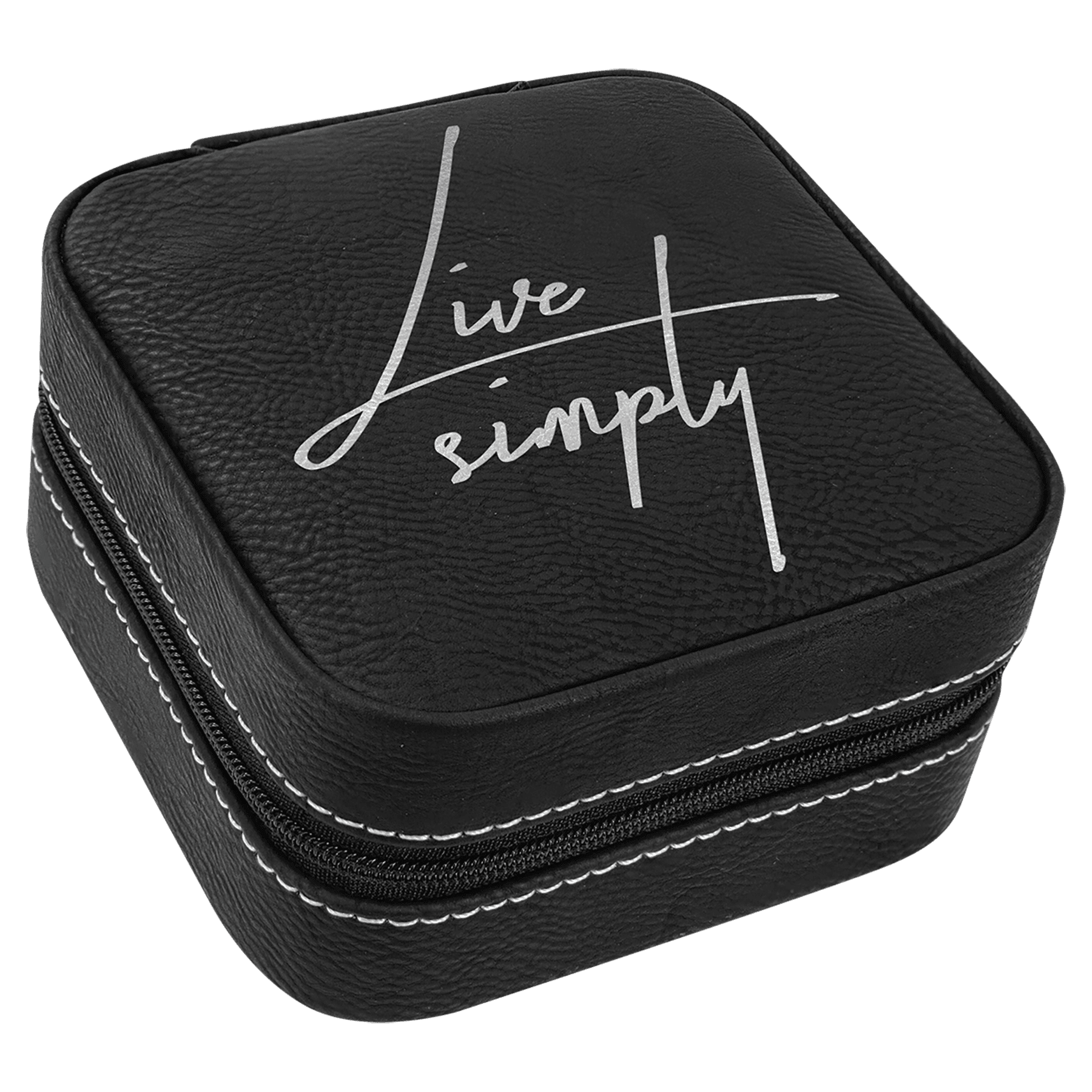 Black/Silver Laserable Leatherette Travel Jewelry Box with Black 4" X 4" Lining