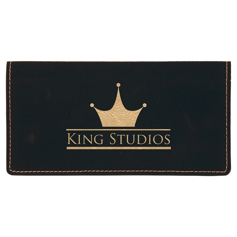 Black/Gold 6 3/4" x 3 1/2" Laserable Leatherette Checkbook Cover