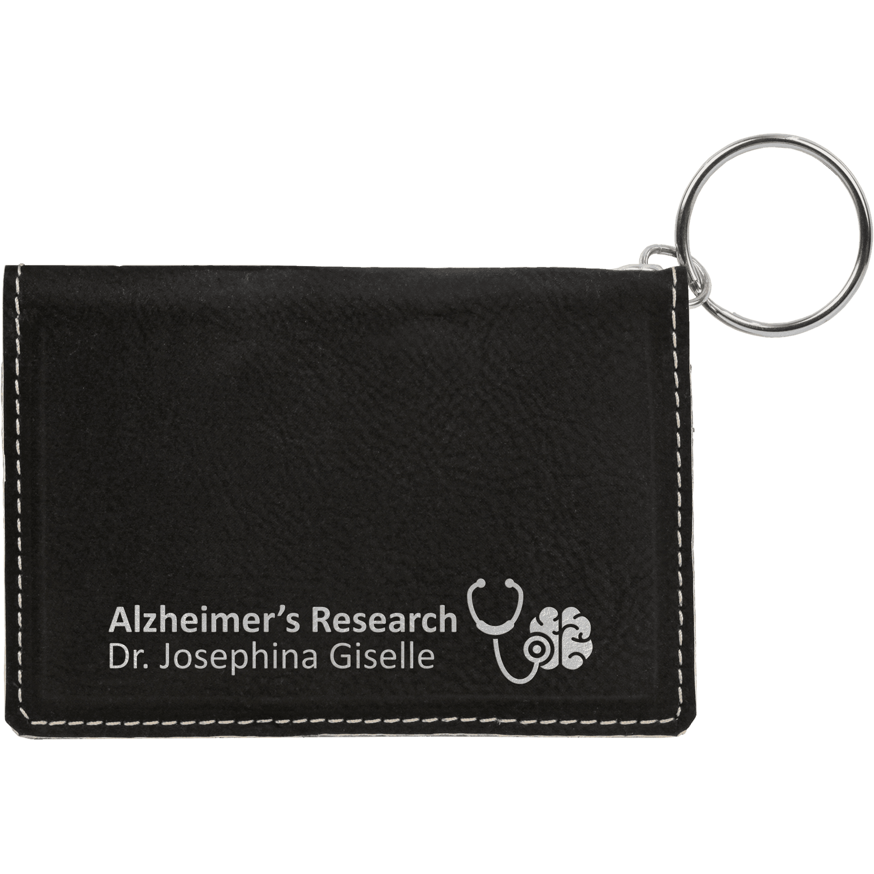 Black/Silver 4 1/4" x 3" Laserable Leatherette Keychain ID Holder