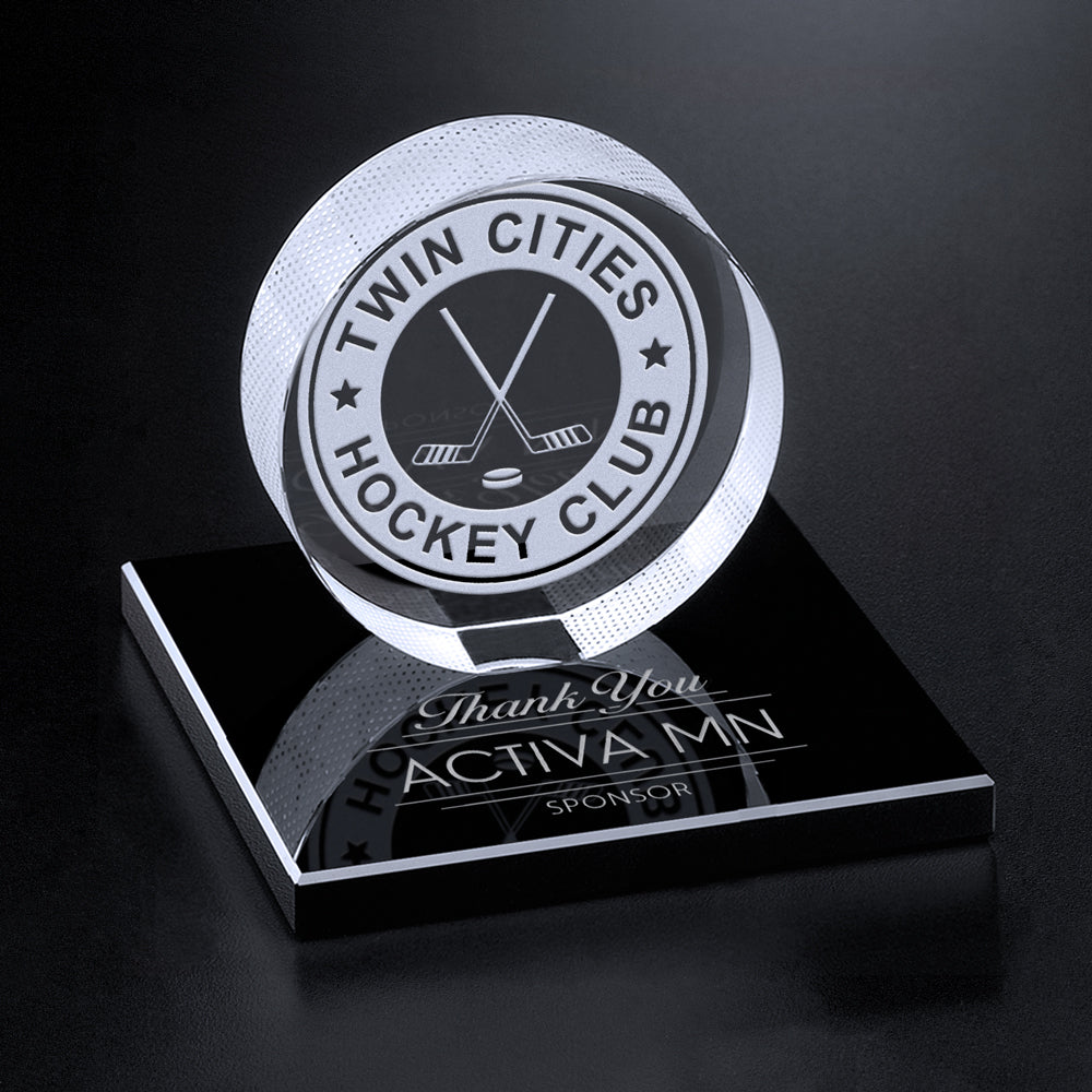 Hockey Puck on Black Glass Base 3-3/8"; sample personalization shown