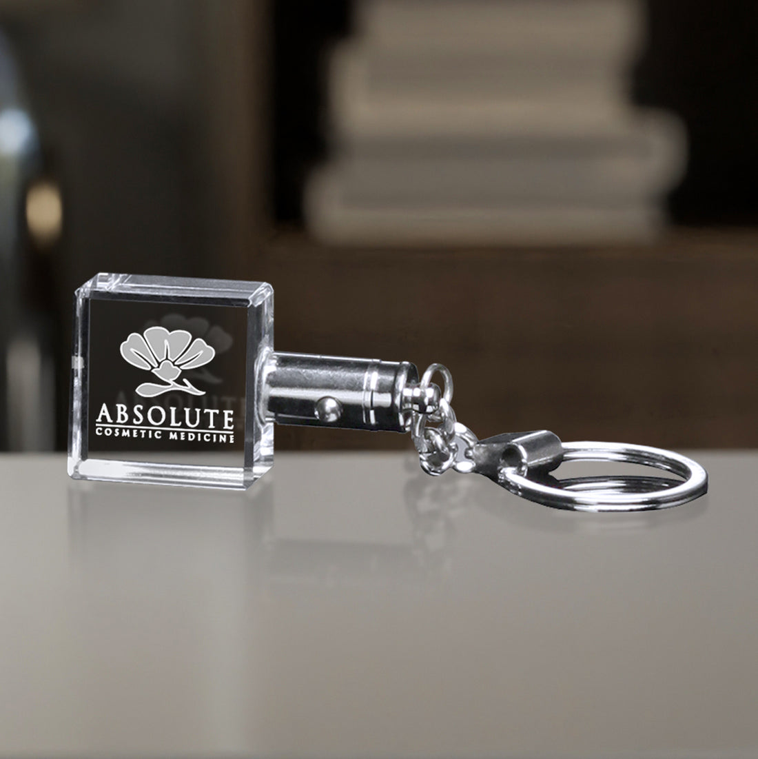 Square Lighted Keychain; sample personalization shown