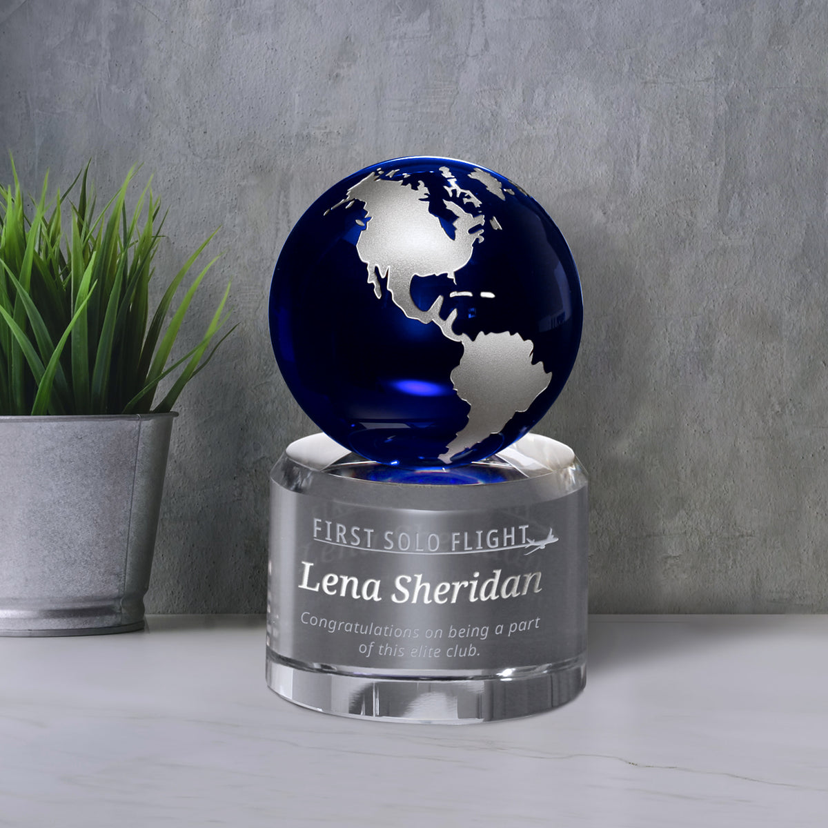 Navigator Globe Silver 5-1/4"; sample personalization shown