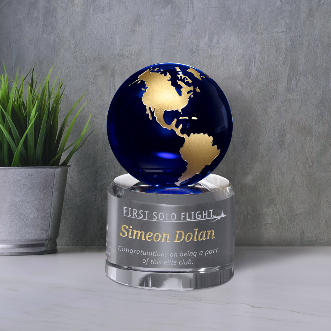 Navigator Globe Gold 5-1/4"; sample personalization shown