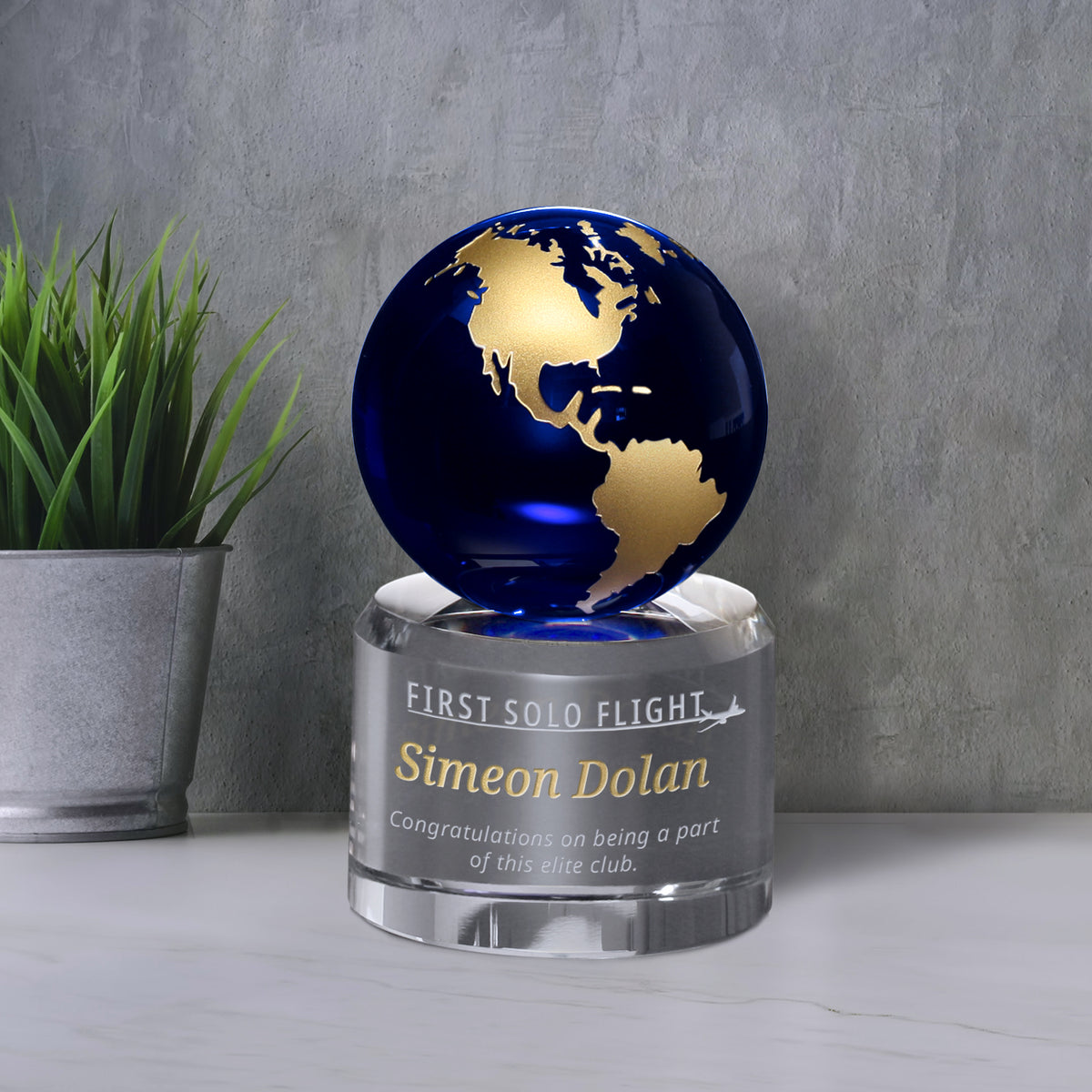 Navigator Globe Gold 5-1/4"; sample personalization shown