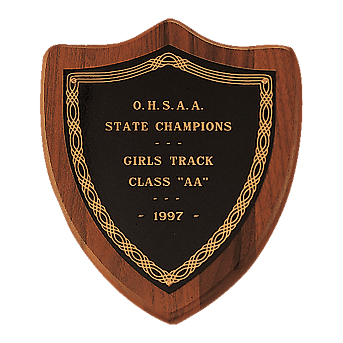 7" x 8" Jewelers Black Laserable Gold Border Shield Plate on an American Walnut Shield Plaque- Sheffield Series