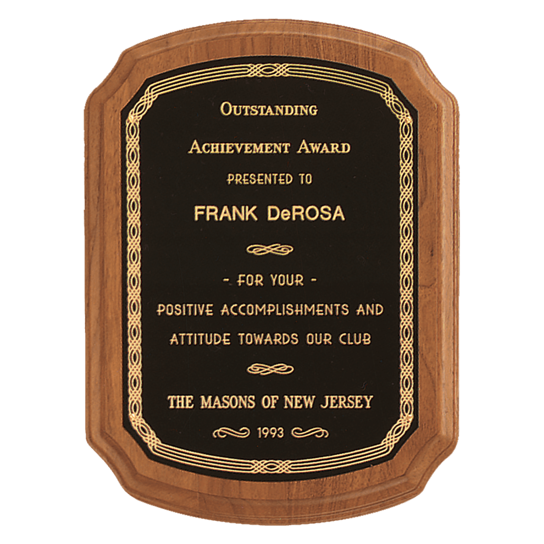 5" x 7" Coventry Series American Walnut Plaque with Gold Border Laserable Black Brass Plate