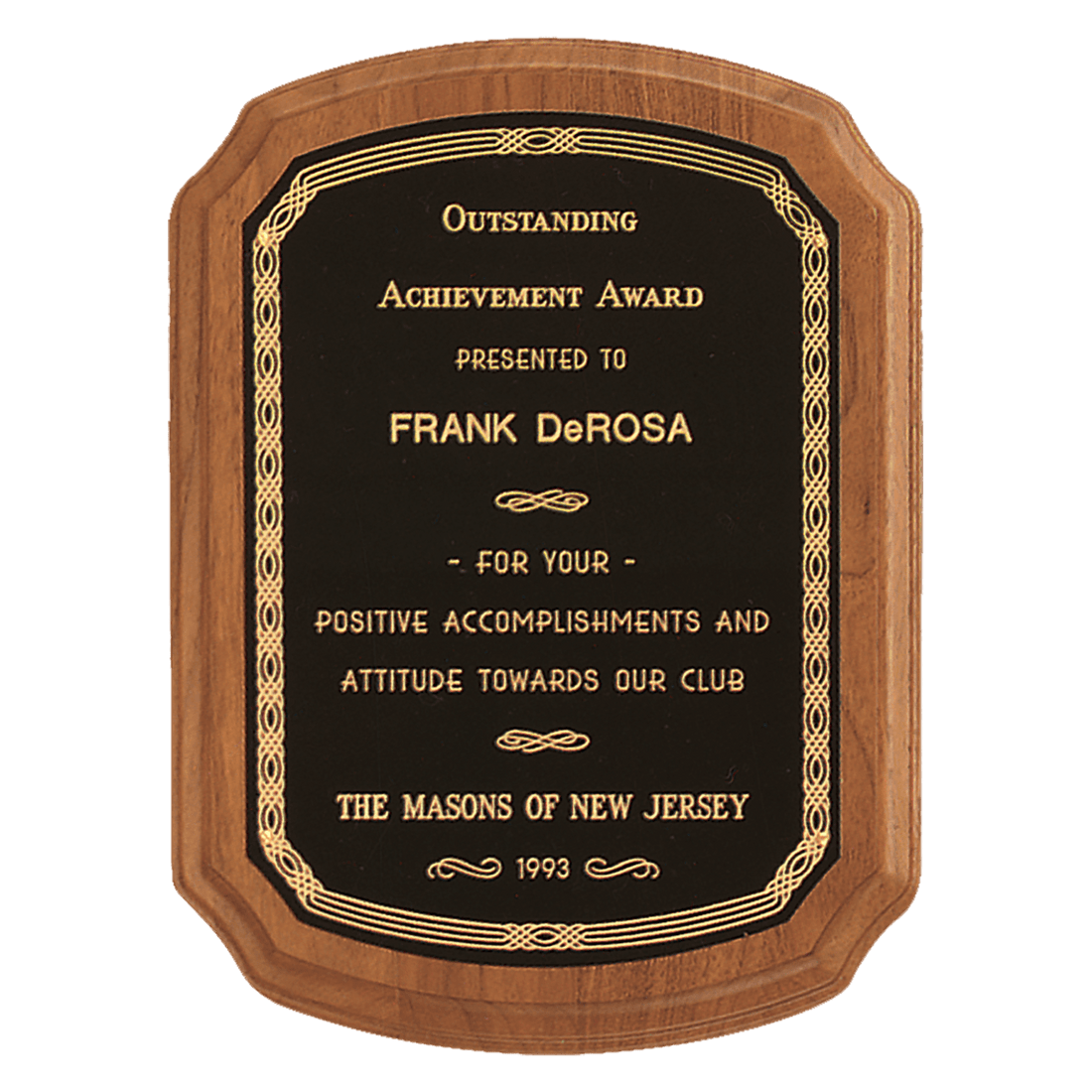 10 1/2" x 13" Coventry Series American Walnut Plaque with Gold Border Laserable Black Brass Plate