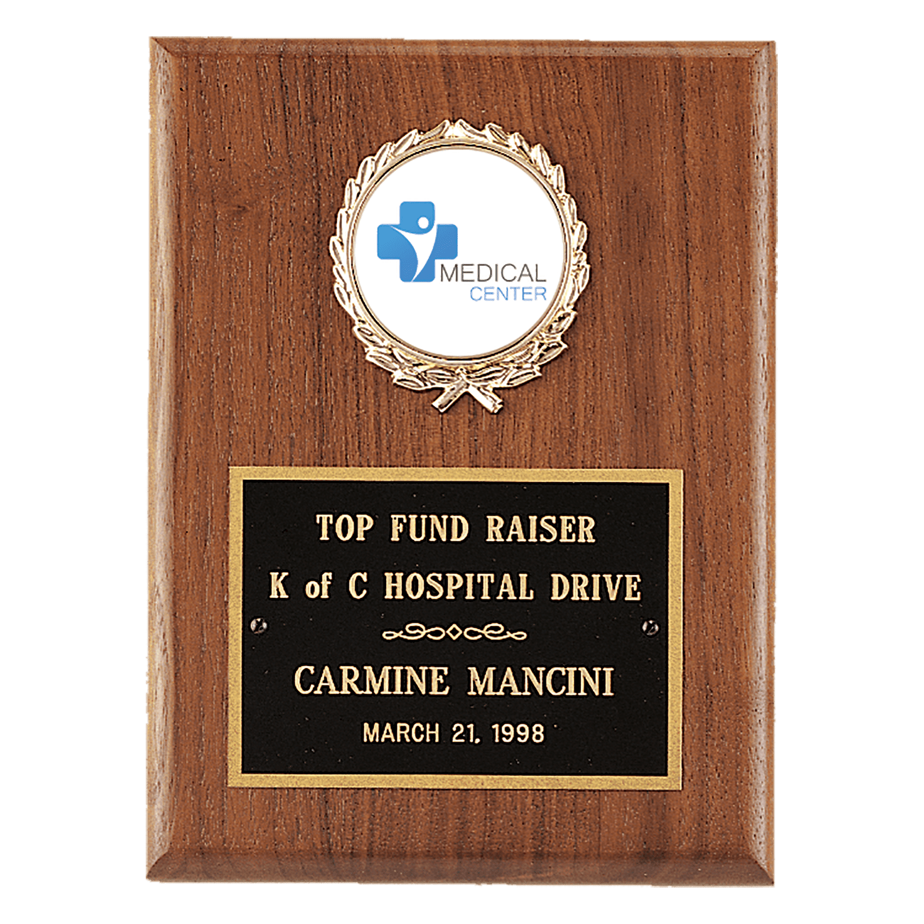 4 1/2" x 6" American Walnut Plaque with Gold Border Black Laserable Brass Plate and 2" Insert Holder- Witney Series (2" Inserts Sold Seperately)