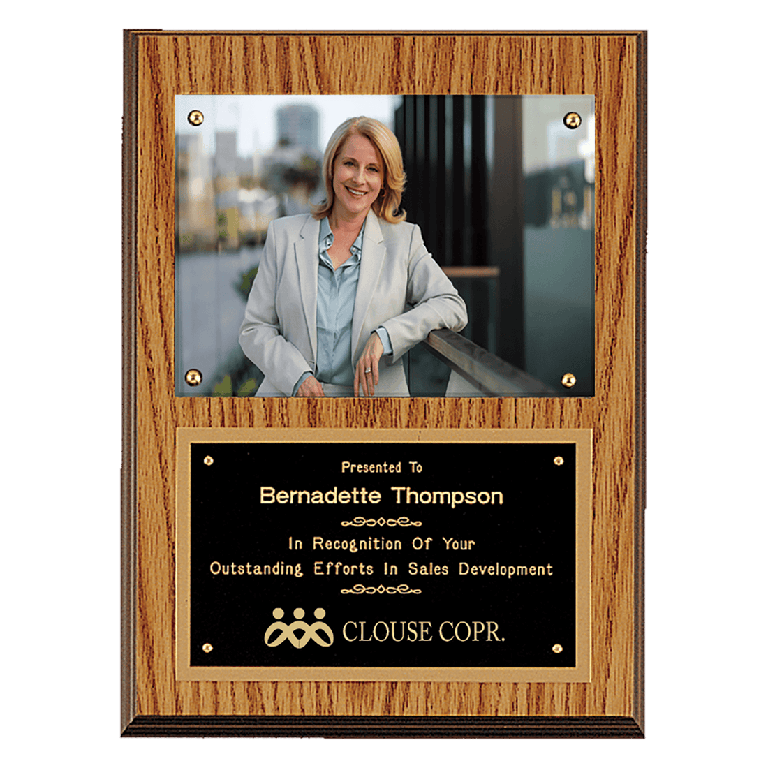 Oak Finish Photo Plaque with Black Brass 9" x 12" American Plates-Photo Size 5" x 7"