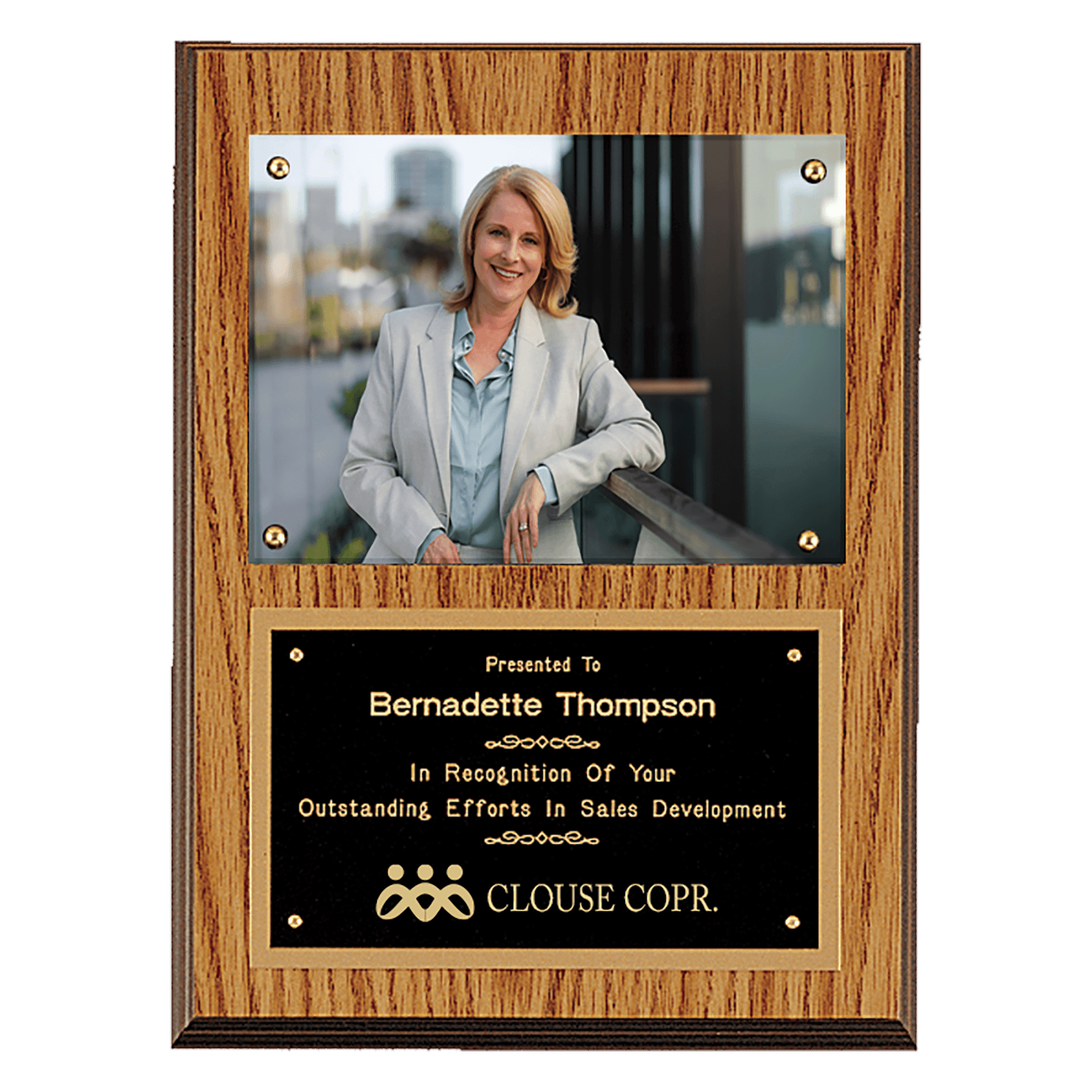 Oak Finish Photo Plaque with Black Brass 9" x 12" American Plates-Photo Size 5" x 7"