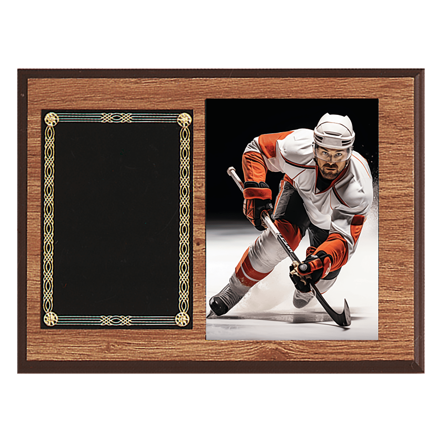 Oak Finish Photo Plaque with Black Brass 2 9" x 12" American Plates-Photo Size 5" x 7"