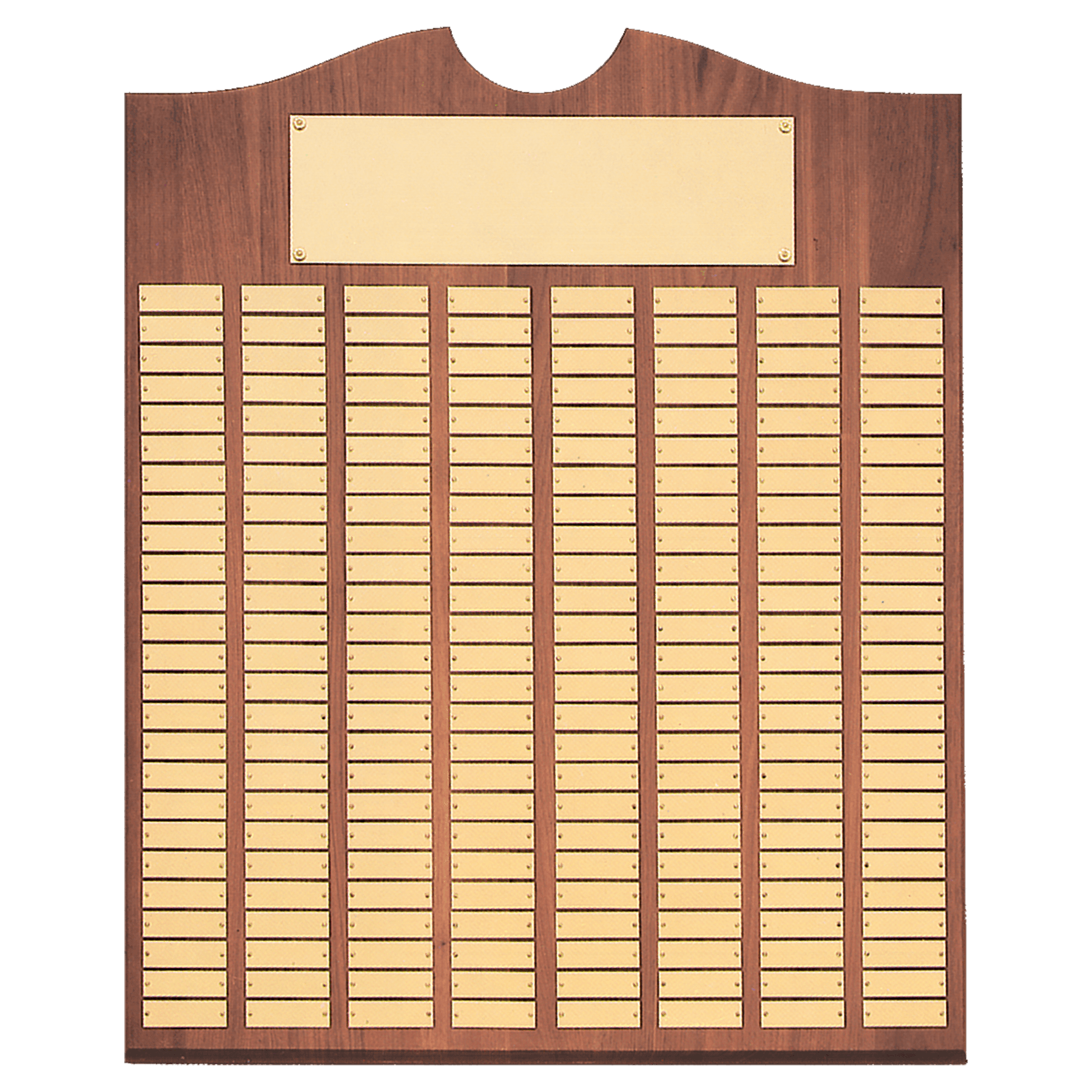 Walnut 120 Plate Perpetual Plaque with Brushed Brass 20" x 30"/Plates 7/8" x 2 3/4" American Plates