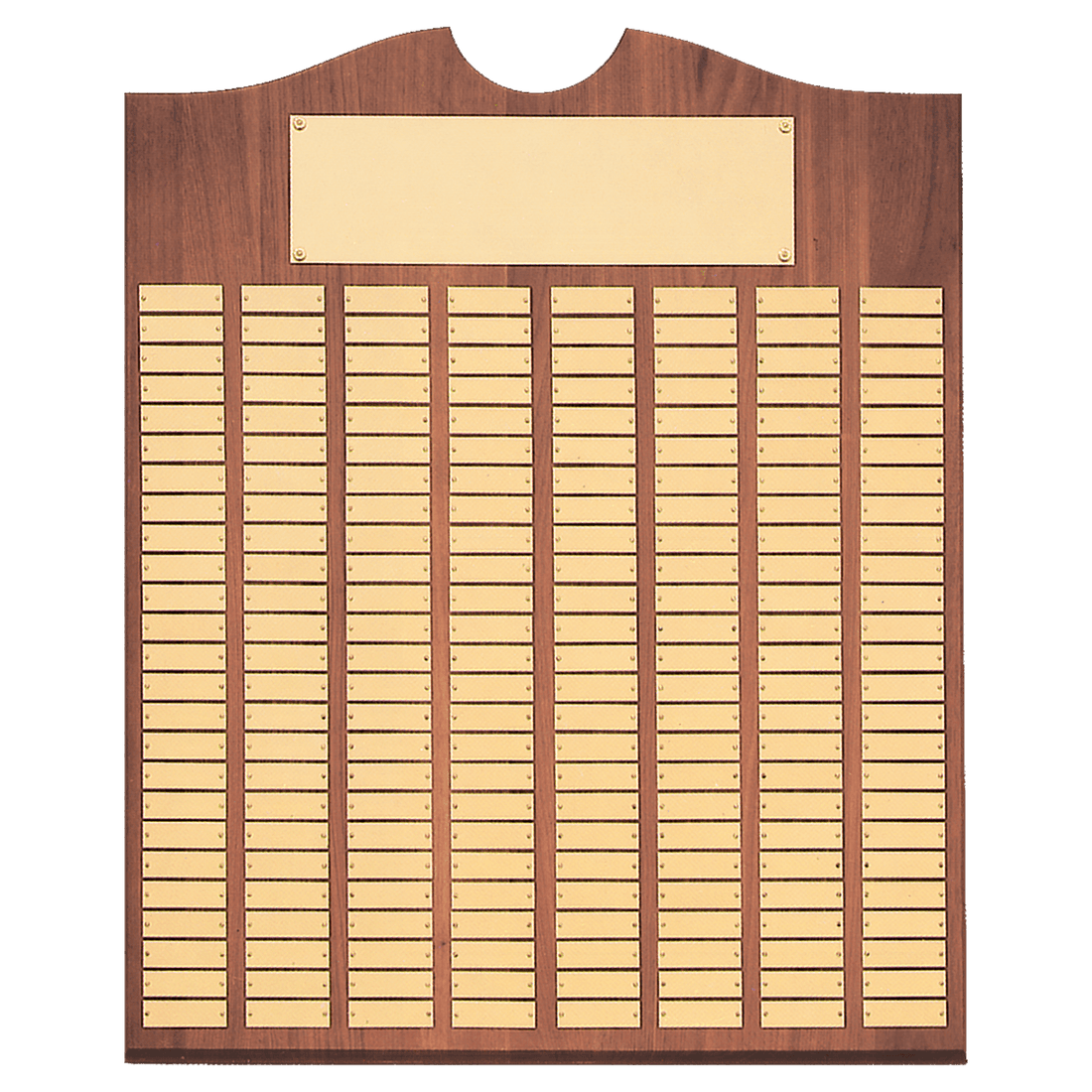 Walnut 200 Plate Perpetual Plaque with Brushed Brass 28" x 35"/Plates 7/8" x 2 3/4" American Plates