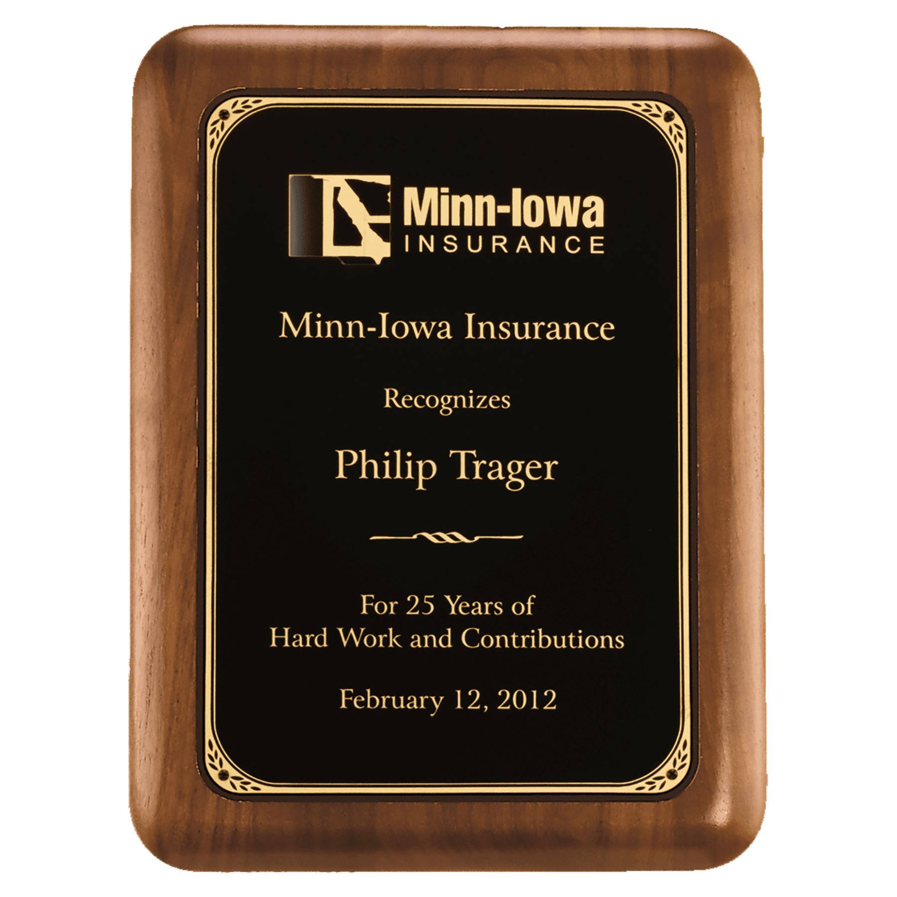 5" x 7" American Walnut Plaque with Gold Border Laserable Black Brass Plate