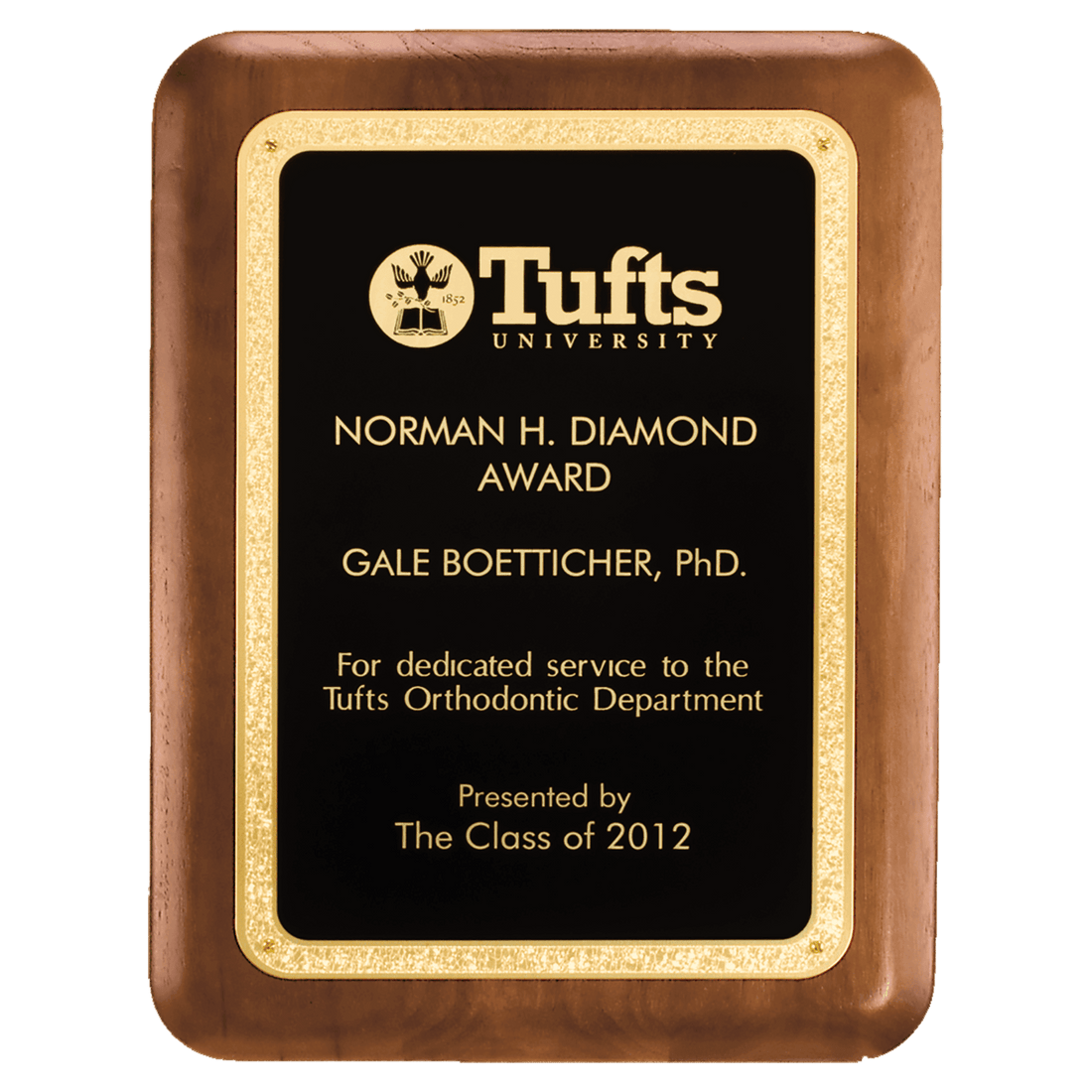 5" x 7" American Walnut Plaque with Textured Black LaserFX plate with Gold Florentine Border