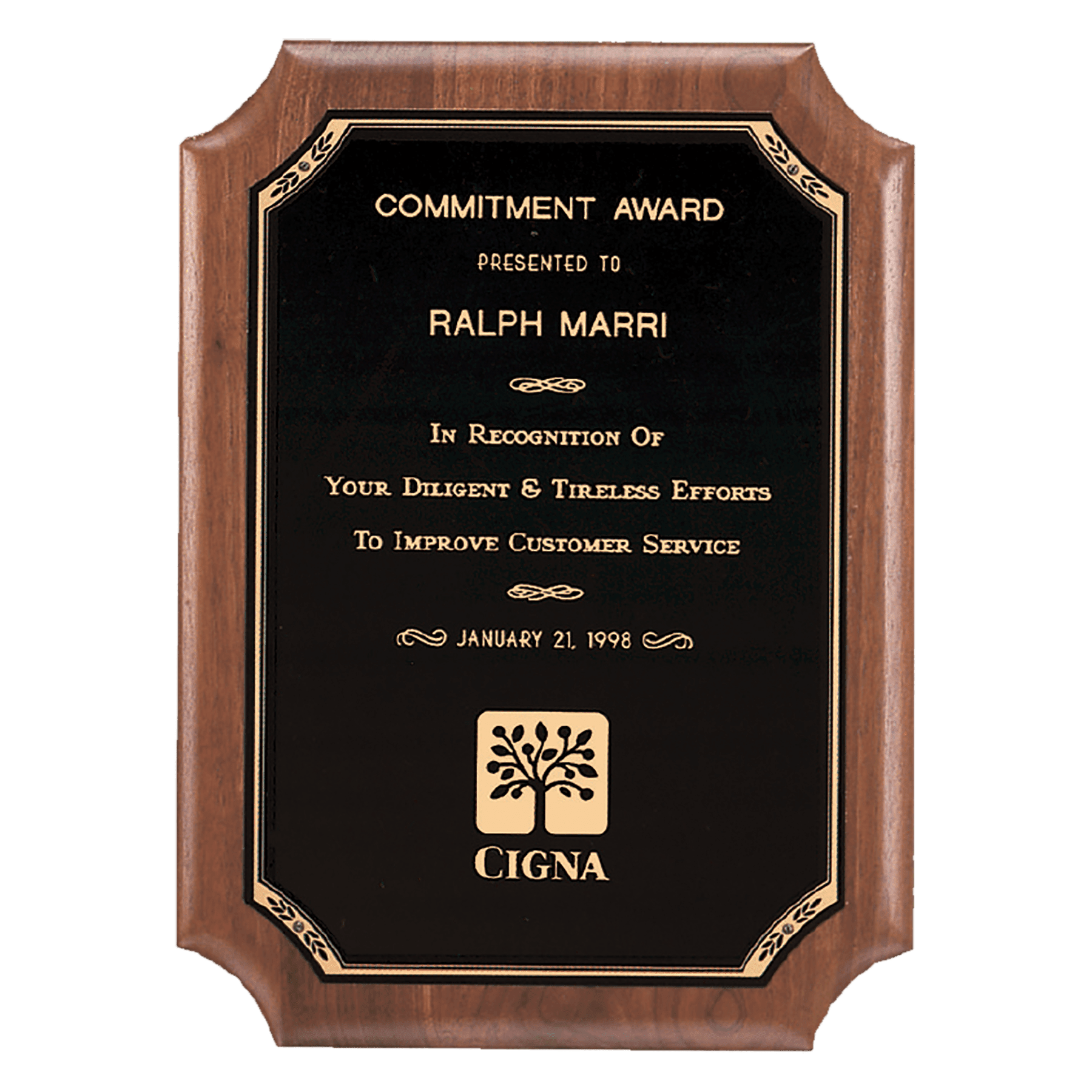 Walnut Plaque with Gold Border Black Laserable Brass 9" x 12" American Plate