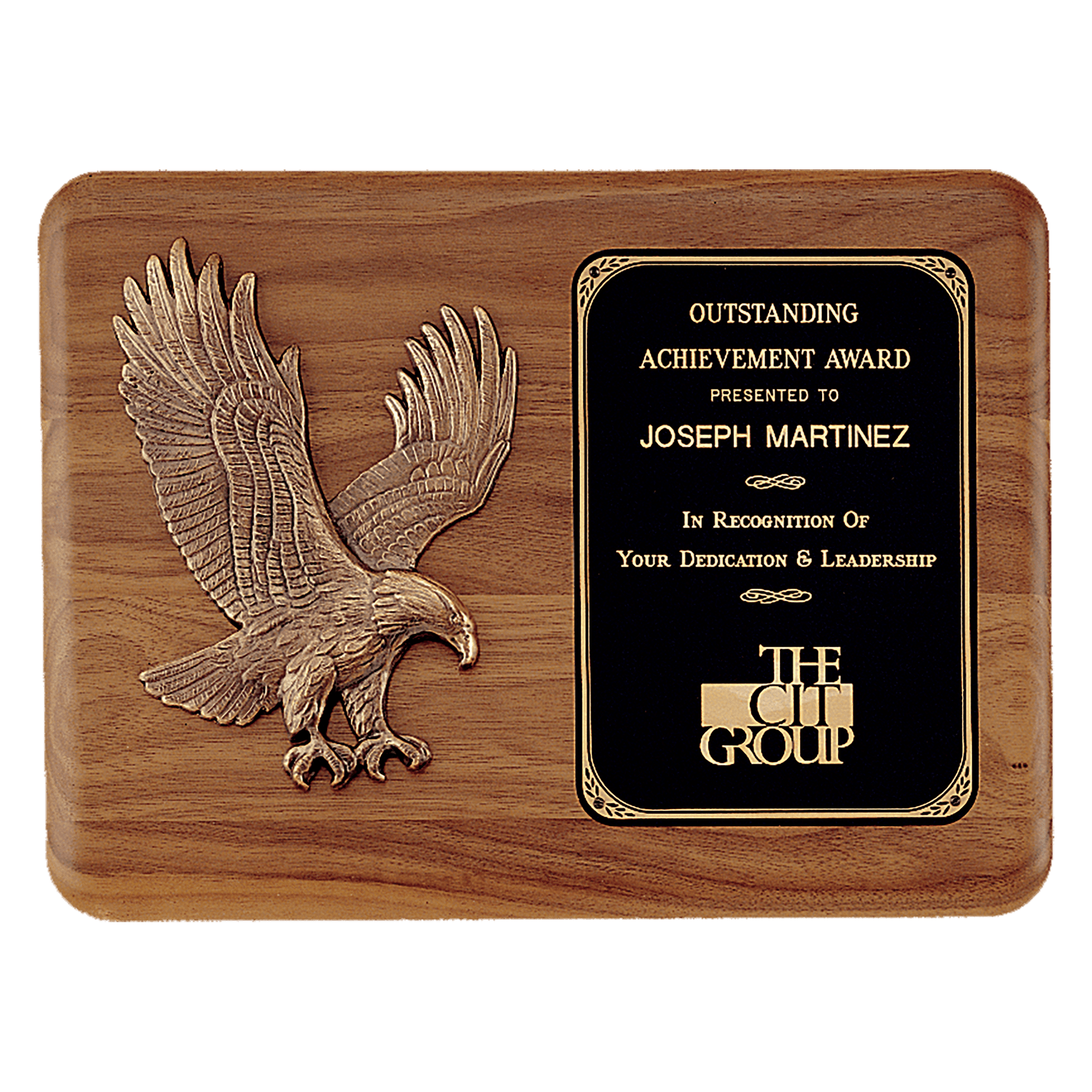 15" x 11" Solid American Walnut Plaque with Sculptured Relief Eagle Casting and Laser Engravable Black Brass Plate