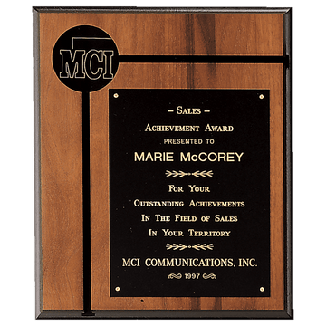 8" x 10 1/2" American Walnut Routed Plaque w/Black Brass Plate and 2 1/2" Black Brass Disc