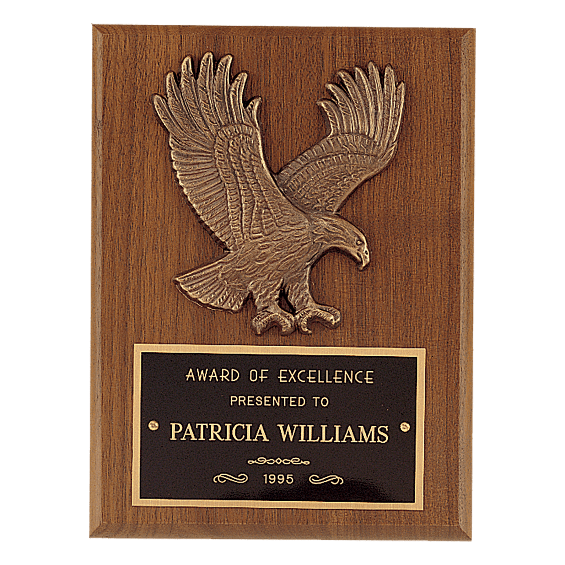 8" x 8" Sculptured Relief Eagle Casting and Laser Engravable Black Plate on an American Walnut Plaque