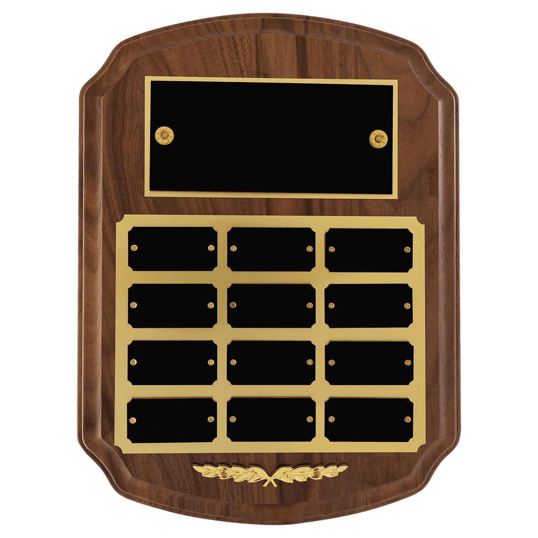9" x 12"/Plates 1" x 2" American Walnut 12 Plate Perpetual Plaque with Black Brass Plates/Gold Trim