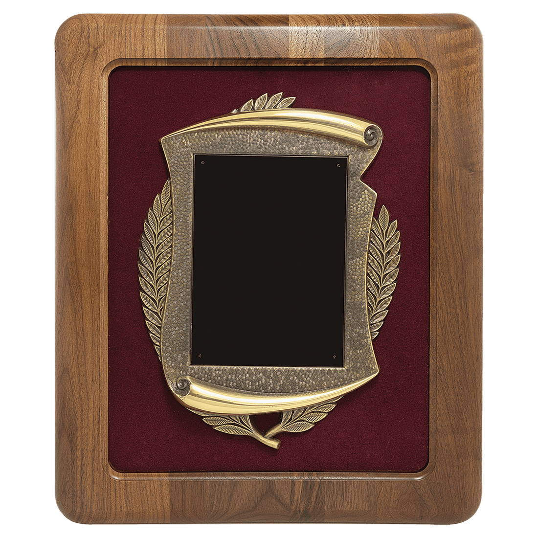 Walnut Frame w/Maroon Velour Back/Bronze Finish Frame/Black Brass 14" x 17" American Plate