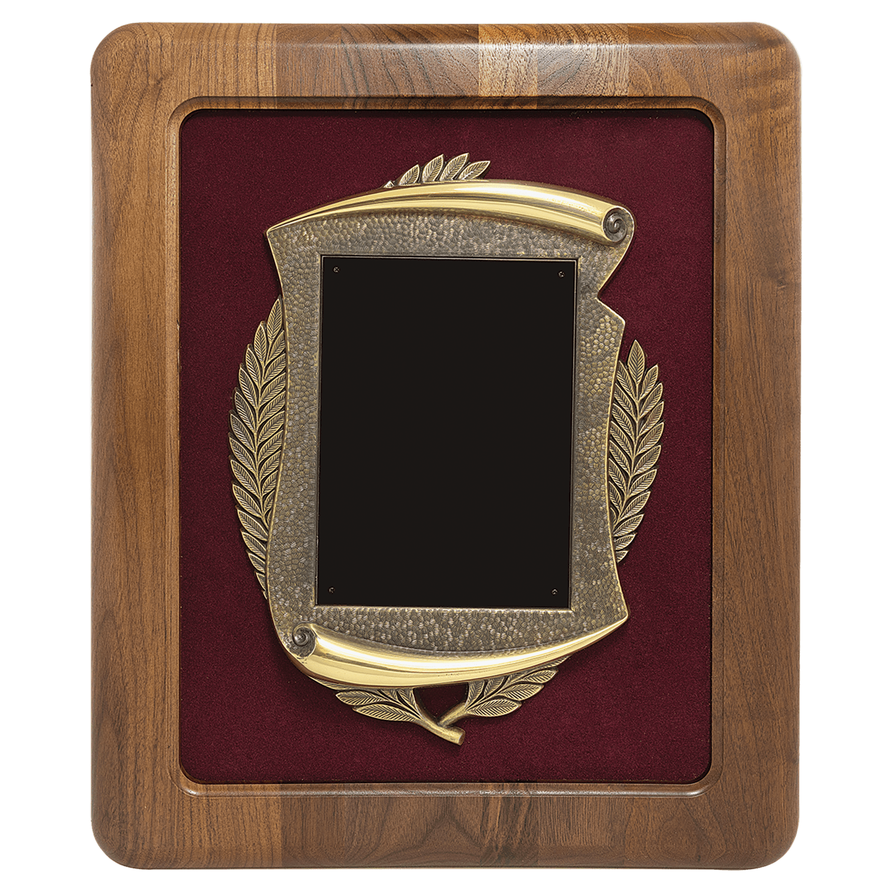 Walnut Frame w/Maroon Velour Back/Bronze Finish Frame/Black Brass 14" x 17" American Plate