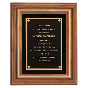 12" x 14" American Walnut Framed Plaque w/Gold Trim & Black Velour Back, Black Brass Plate