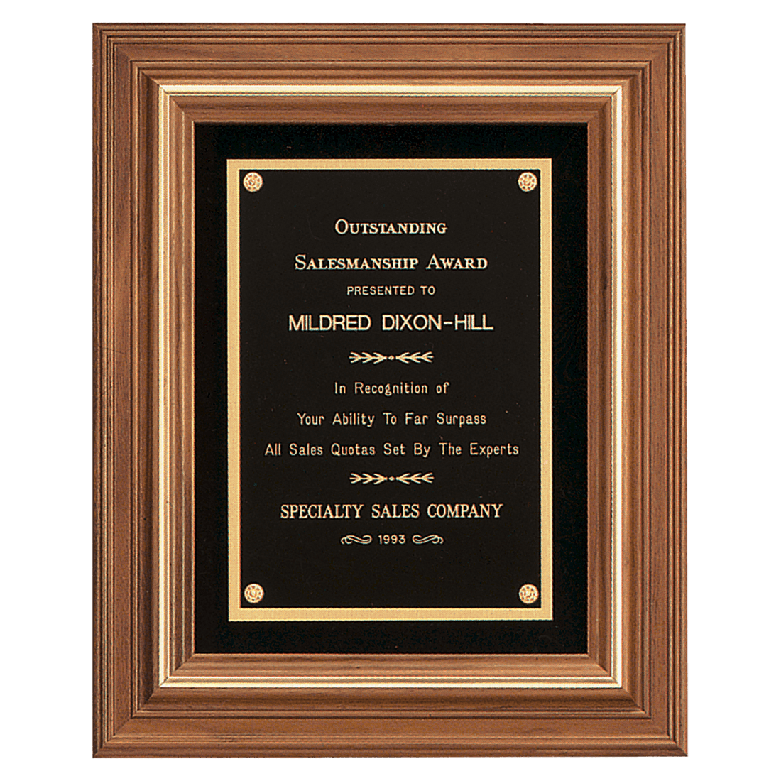 13" x 16" American Walnut Framed Plaque w/Gold Trim & Black Velour Back, Black Brass Plate