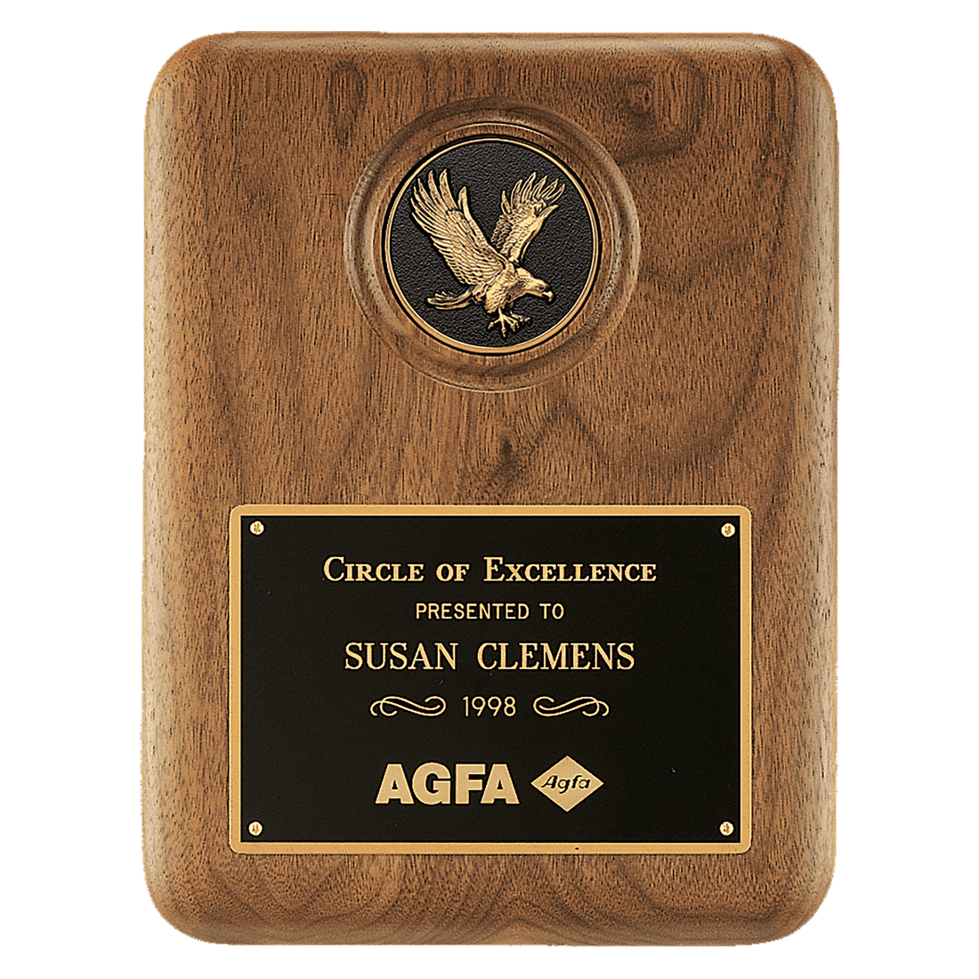 Solid American Walnut Plaque with Finely Detailed Black and Gold Metal Eagle Medallion and Black LaserFX Plate