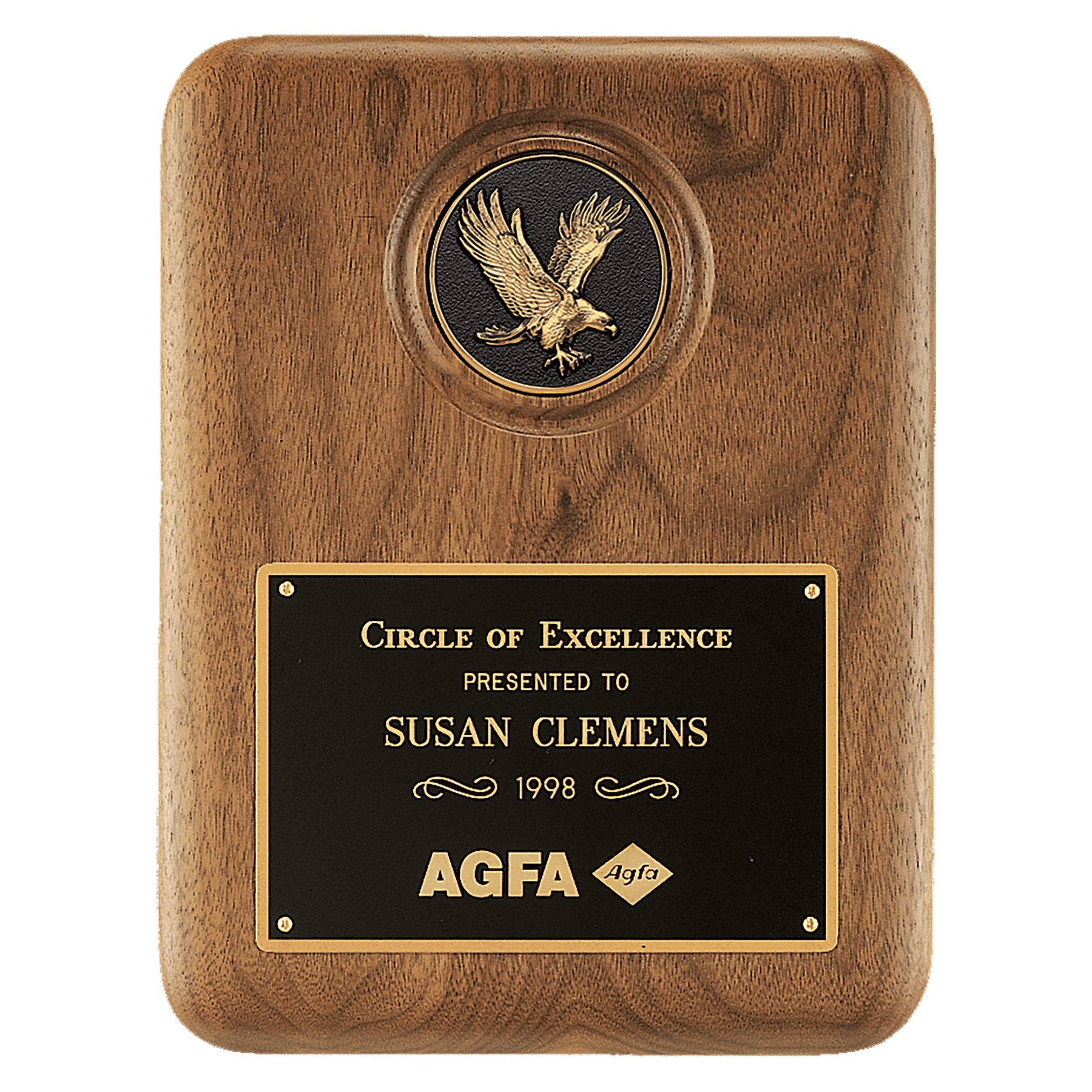 Solid American Walnut Plaque with Finely Detailed Black and Gold Metal Eagle Medallion and Black LaserFX Plate