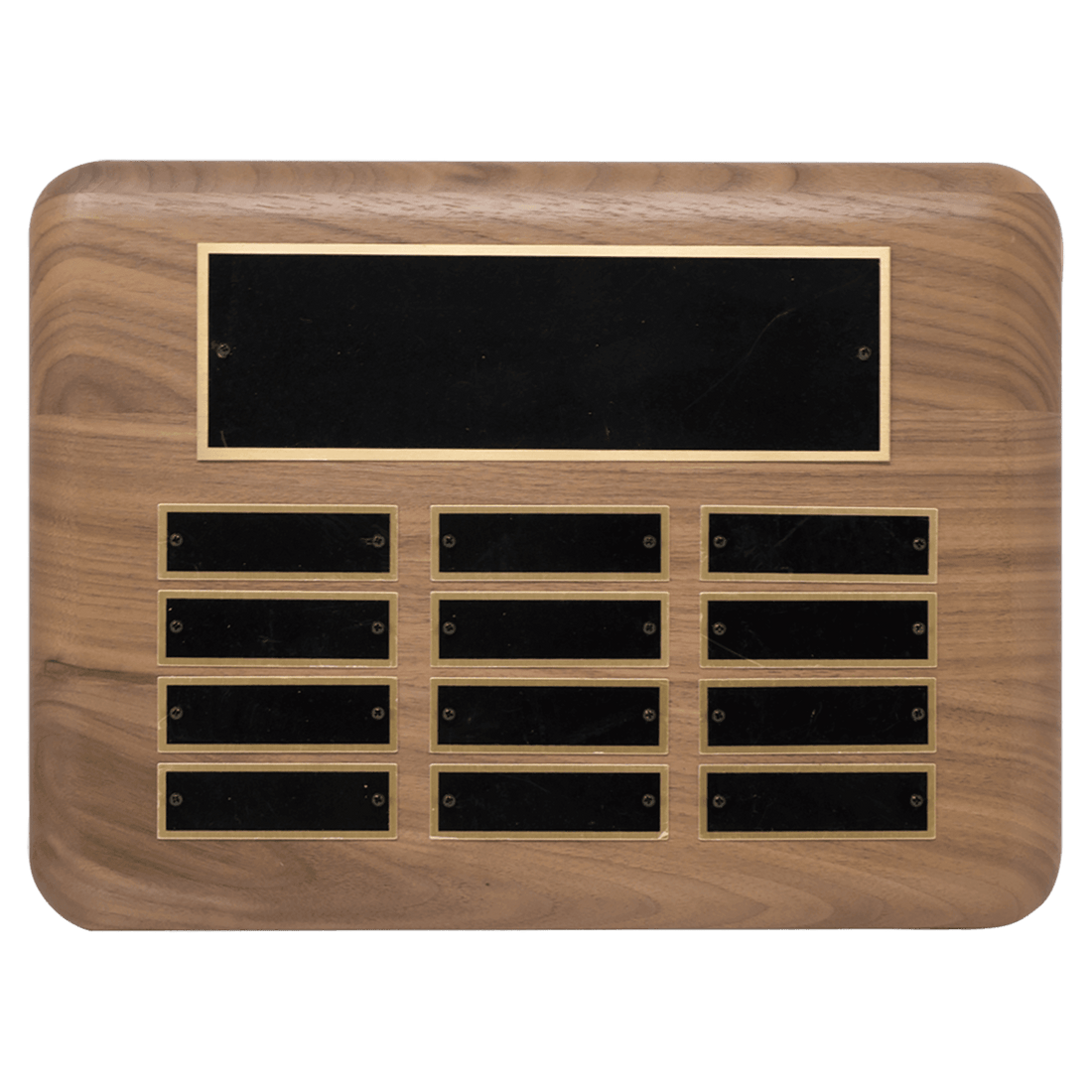 9" x 12"/Plates 7/8" x 2 3/4" American Walnut 12 Plate Perpetual Plaque with Black Brass Plated Steel Plates