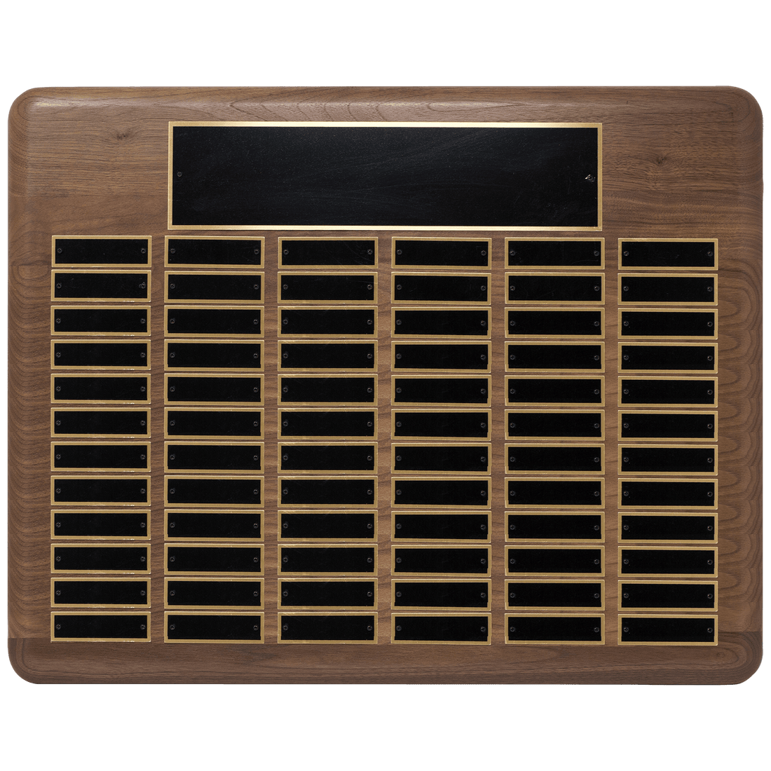 Walnut 72 Plate Perpetual Plaque with Black Brass 22" x 30"/Plates 7/8" x 2 3/4" American Plated Steel Plates