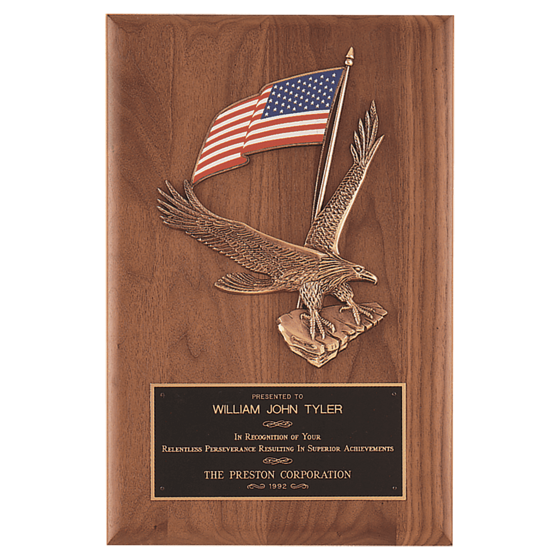 8" x 10 1/2" Solid American Walnut Plaque with Finely Detailed Eagle with American Flag Relief and Black Laserable Brass Plate