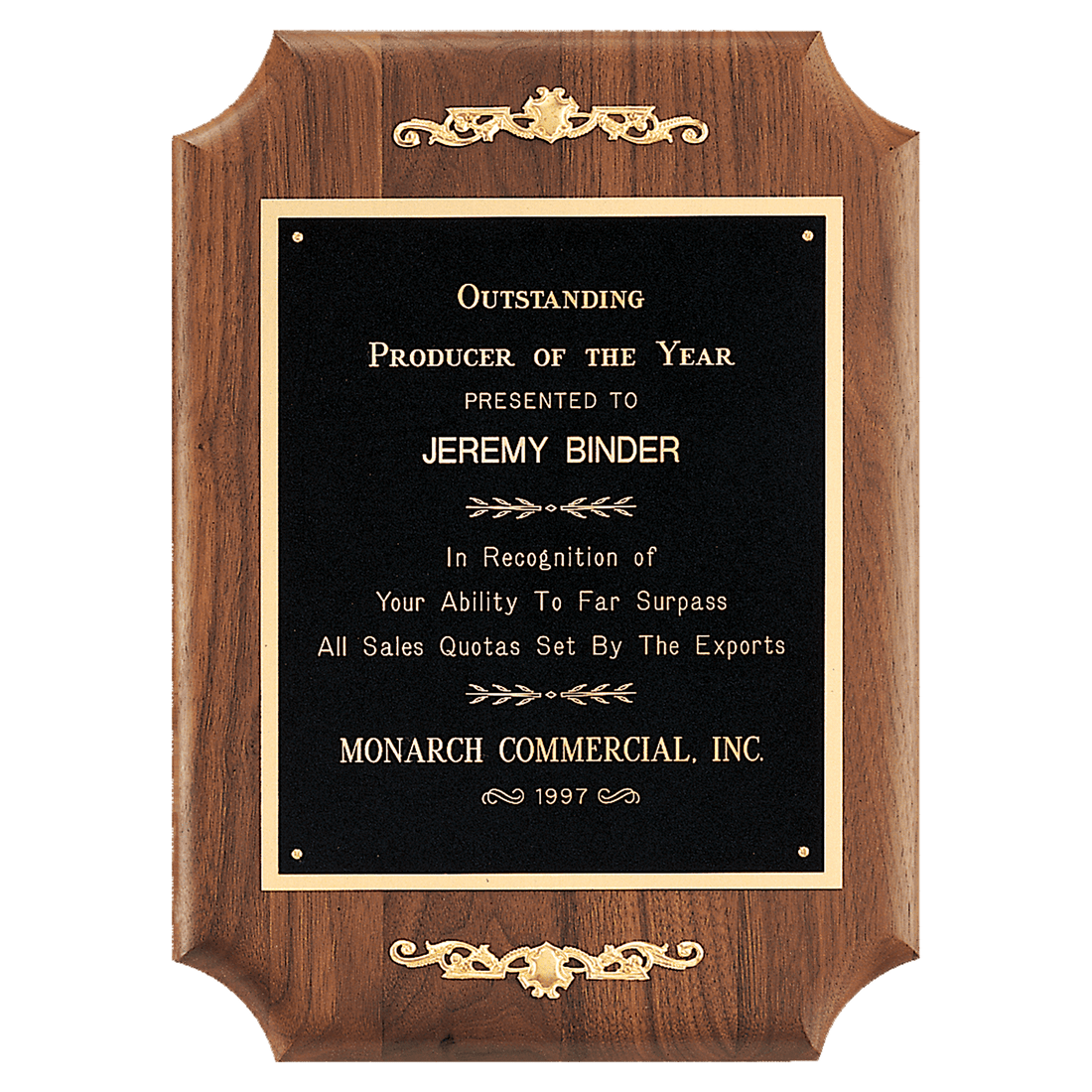 9" x 12" American Walnut Scalloped Corner Plaque with  Gold Scrolls and Go ld Border Black Laser Engravable Plate