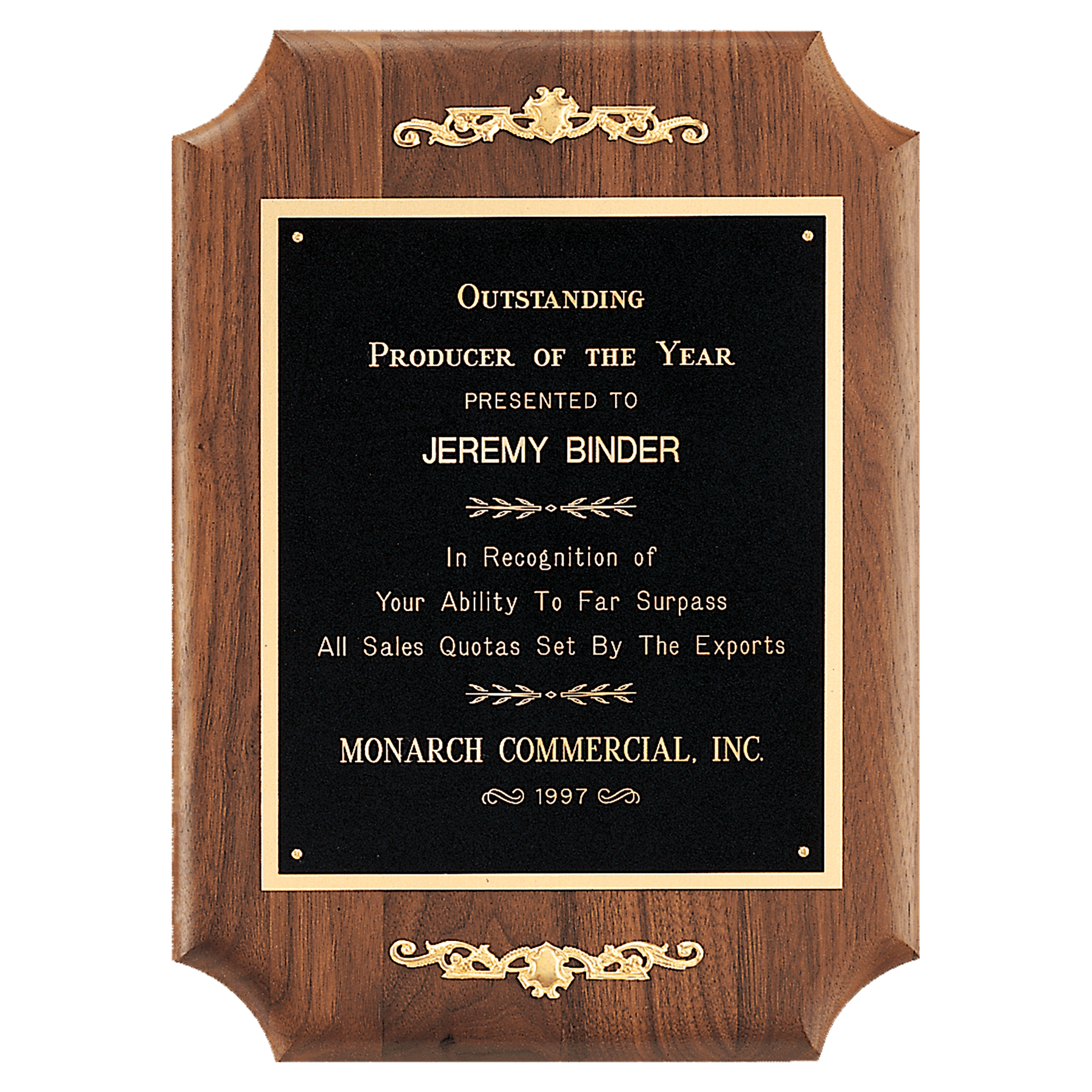 11" x 15" American Walnut Scalloped Corner Plaque with Decorative Gold Scrolls and Gold Border Black Laser Engravable Plate