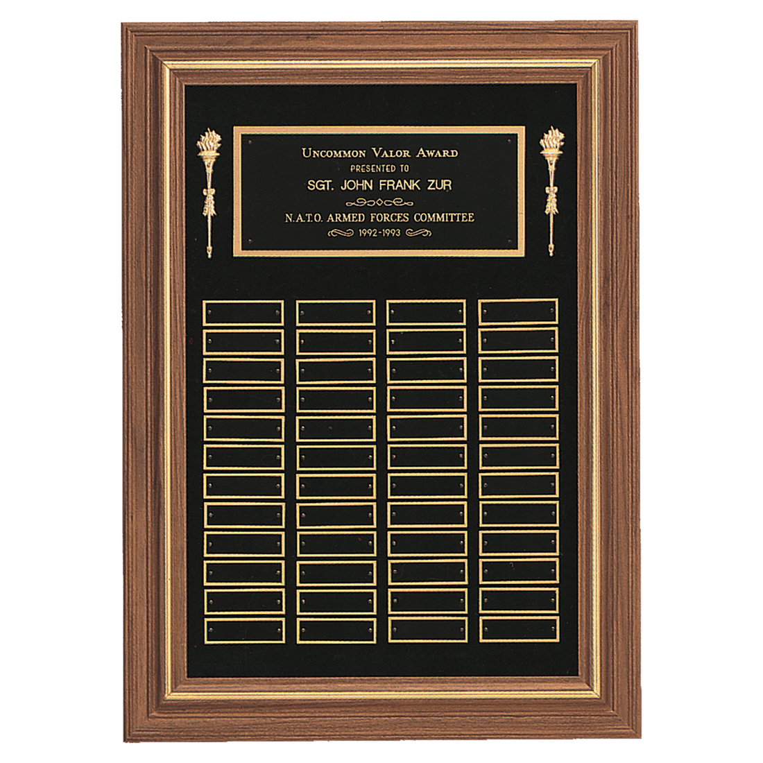Walnut 36 Plate Perpetual Plaque with Black Brass 18" x 25"/Plates 7/8" x 2 3/4" American Plates