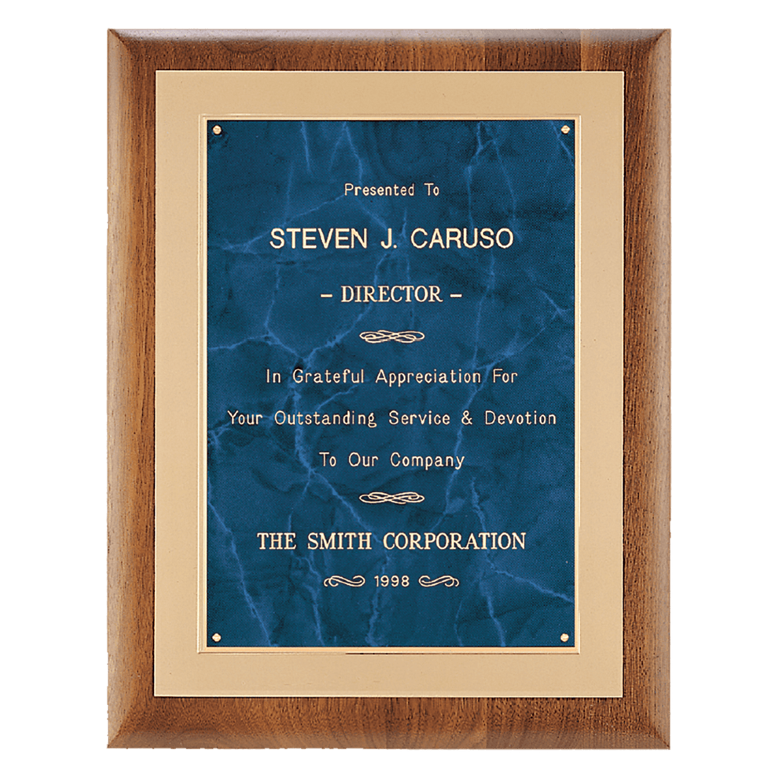 11" x 14" Airflyte Walnut Frame with Brushed Gold Metal Background and Sapphire Marble LaserFX Plate