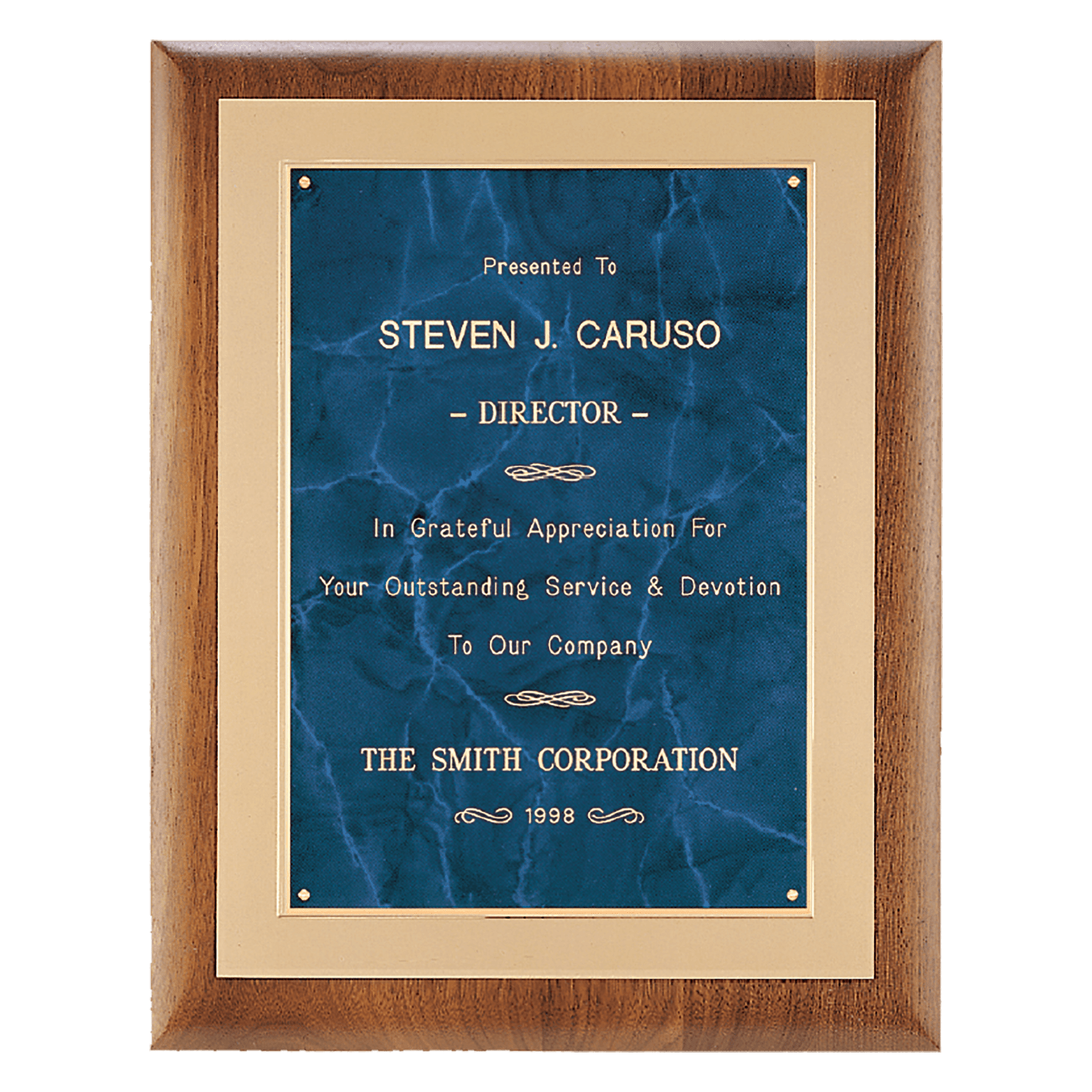 11" x 14" Airflyte Walnut Frame with Brushed Gold Metal Background and Sapphire Marble LaserFX Plate