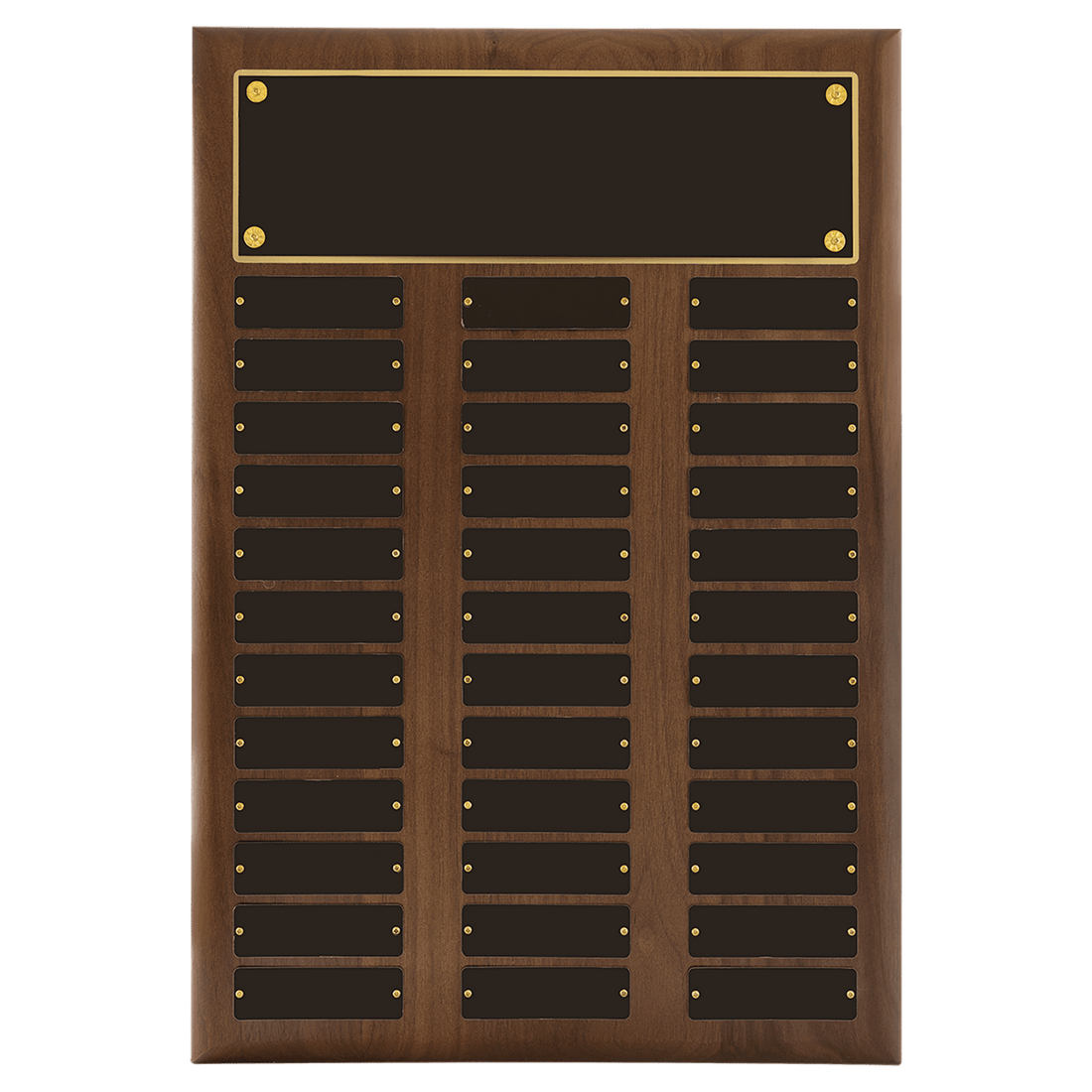14" x 20"/Plates 1" x 3 1/4" American Walnut 36 Plate Perpetual Plaque with Black Brass Plates