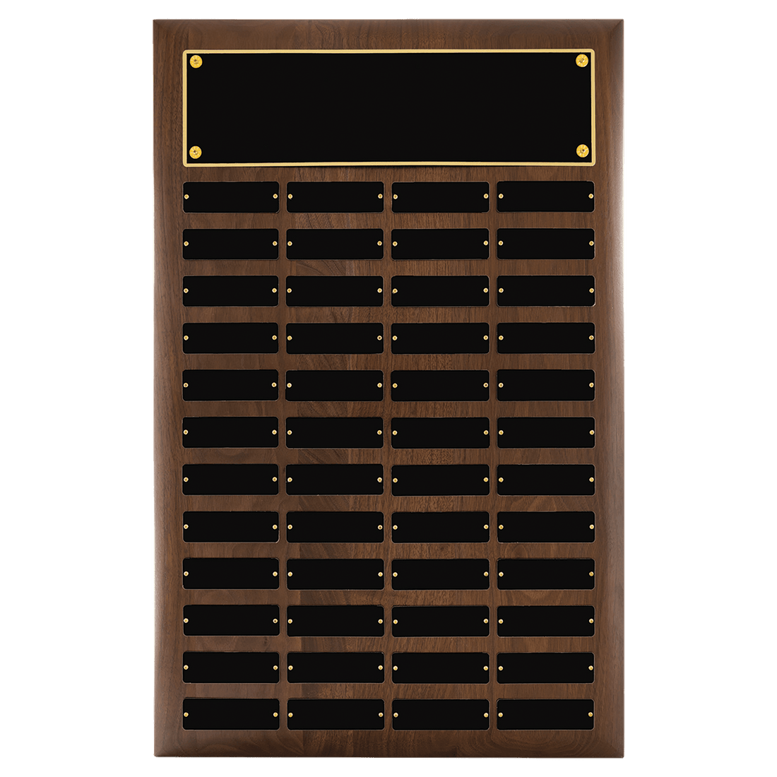 Walnut 48 Plate Perpetual Plaque with Black Brass 16" x 24"/Plates 1" x 3 1/4" American Plates