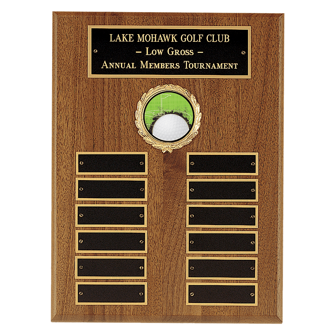 9" x 12" American Walnut Perpetual Plaque with 12 Gold Border Black Laserable Brass Plates and 2" Insert Holder- Witney Series