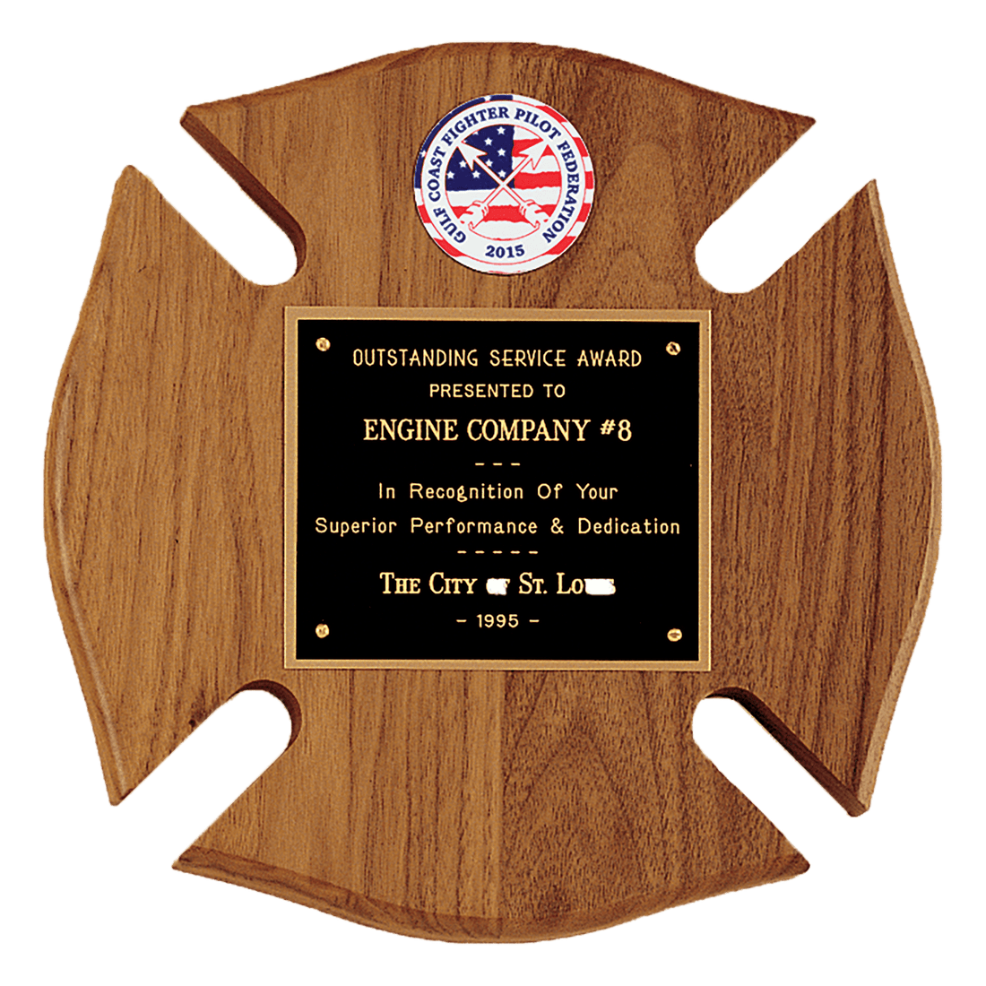 10" x 10" American Walnut Maltese Cross Plaque w/Black Brass Plate and 2" Insert (sold separately)
