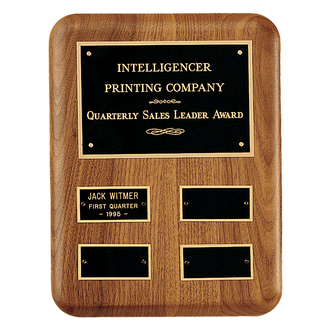 8" x 10 1/2"/Plates 1 1/4" x 2 1/2" American Walnut AirFlyte Edge Quarterly Award Perpetual Plaque wth Black Brass Plates