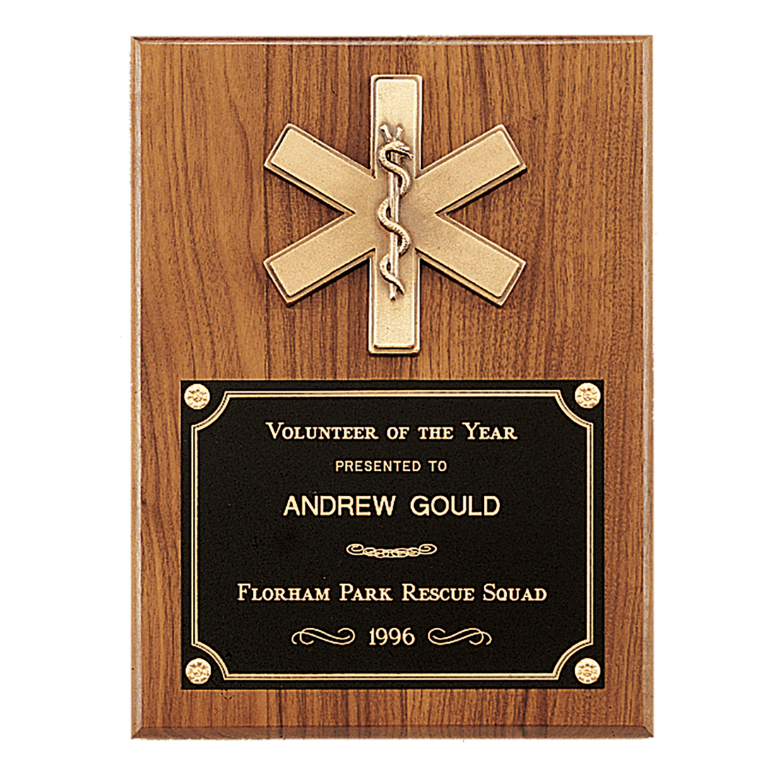 9" x 12" Walnut Plaque with Gold EMT Star of Life and Black Brass Plate